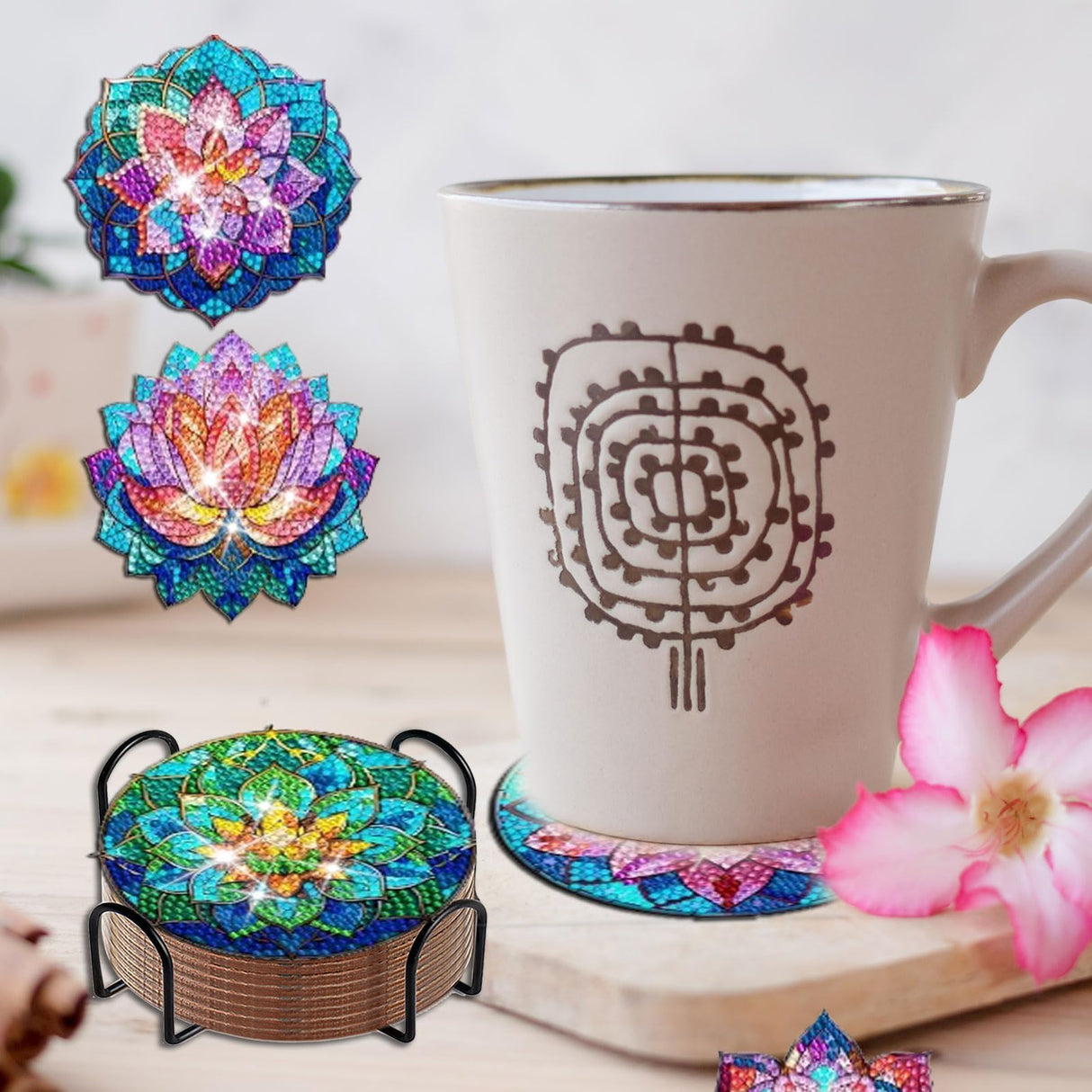 Demonwer 8 Pieces Lotus Diamond Painting Coasters with Holder DIY Cute Lotus Diamond Art Coasters 5d Lotus Diamond Coasters with Cork Pads for Beginners Adults for Christmas Holidays Gift Demonwer