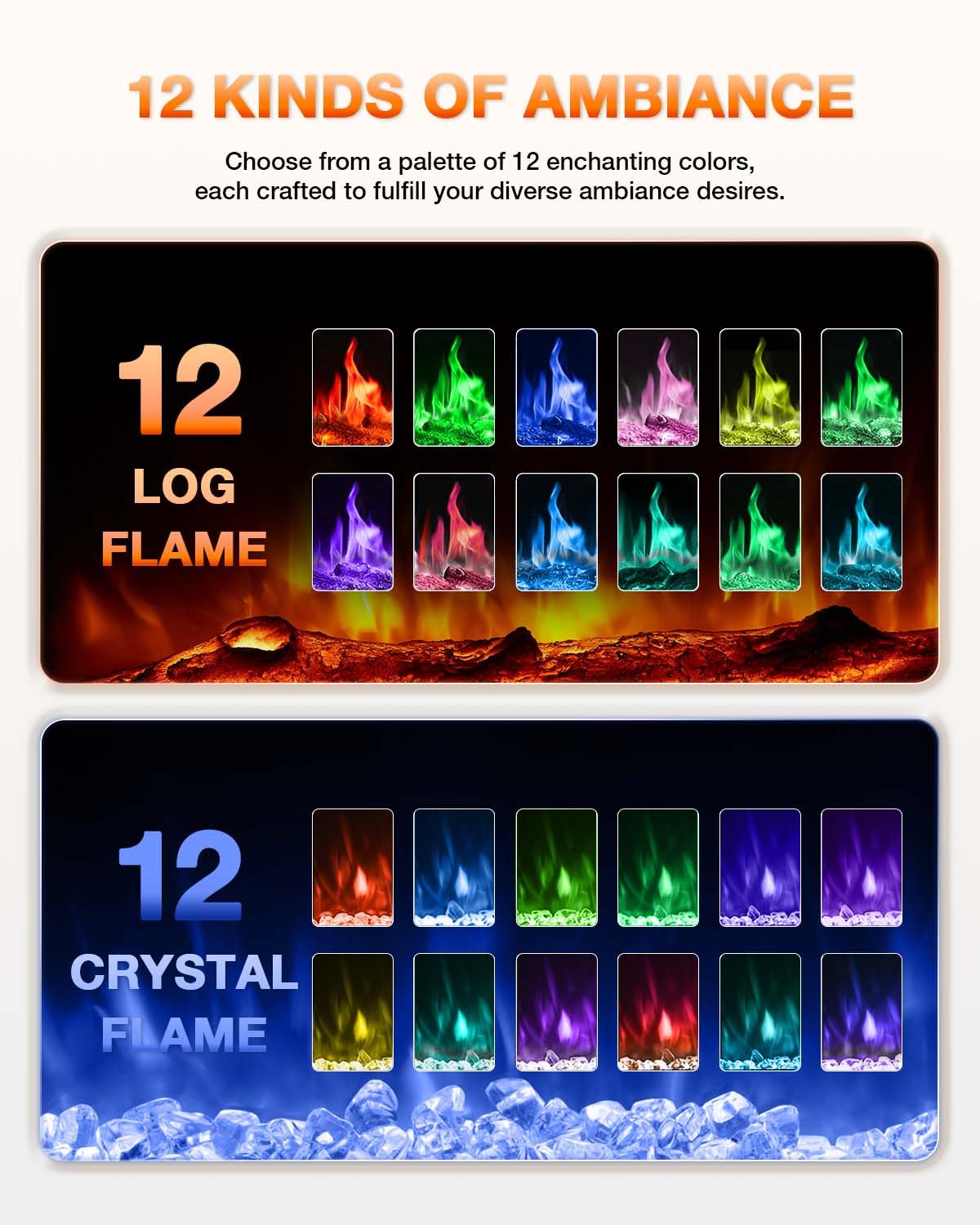VISVEIL Electric Fireplace 60Inch,Realistic Flame Electric Fireplace Heater,Log Set/Crystal Flames 750-1500W with Timer Inserts/Wall Mounted/TV Stand Touch Screen & Remote for Living Room Easy Install VISVEIL