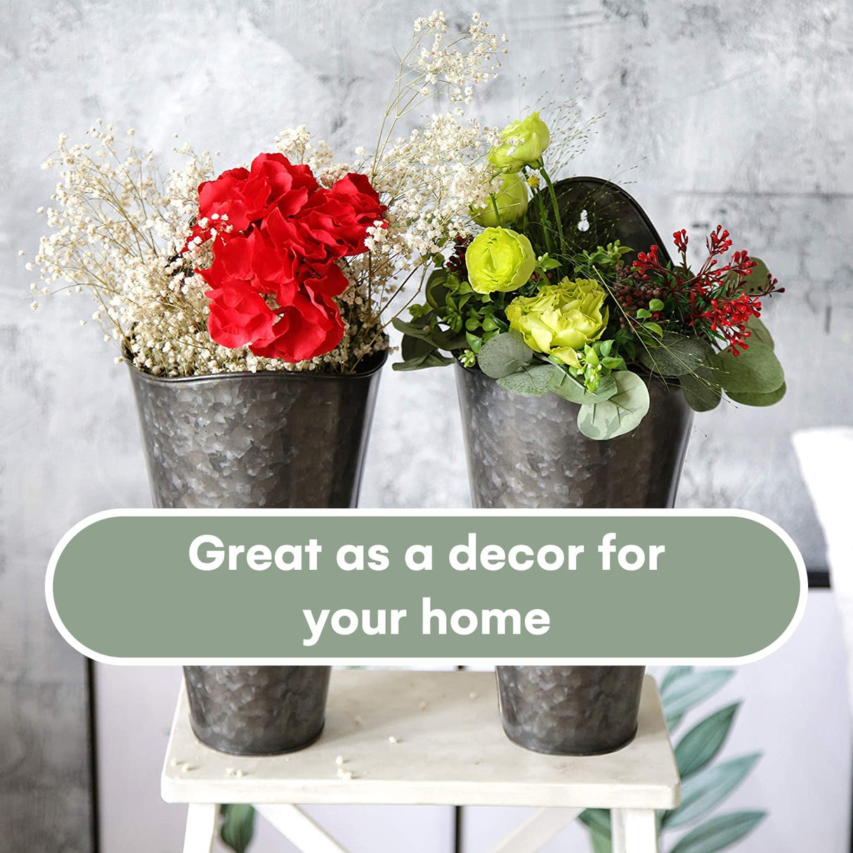 Hallops Galvanized Wall Planters - Two (2) Large Premium. Farmhouse Metal Hanging Vase. Rustic Decor. Tall Container for Easter Flowers or Planets. Tin Style Bucket or Pocket Hallops