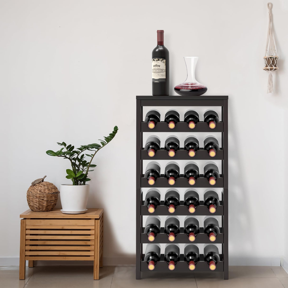WRONWA 24 Botttle Wine Rack Freestanding Floor, 6 Tier Wine Rack Shelf with Table Top, Bamboo Wine Rack, Wine Storage Shelves Kitchen Bar Dining Room Living Room - Dark Brown WRONWA