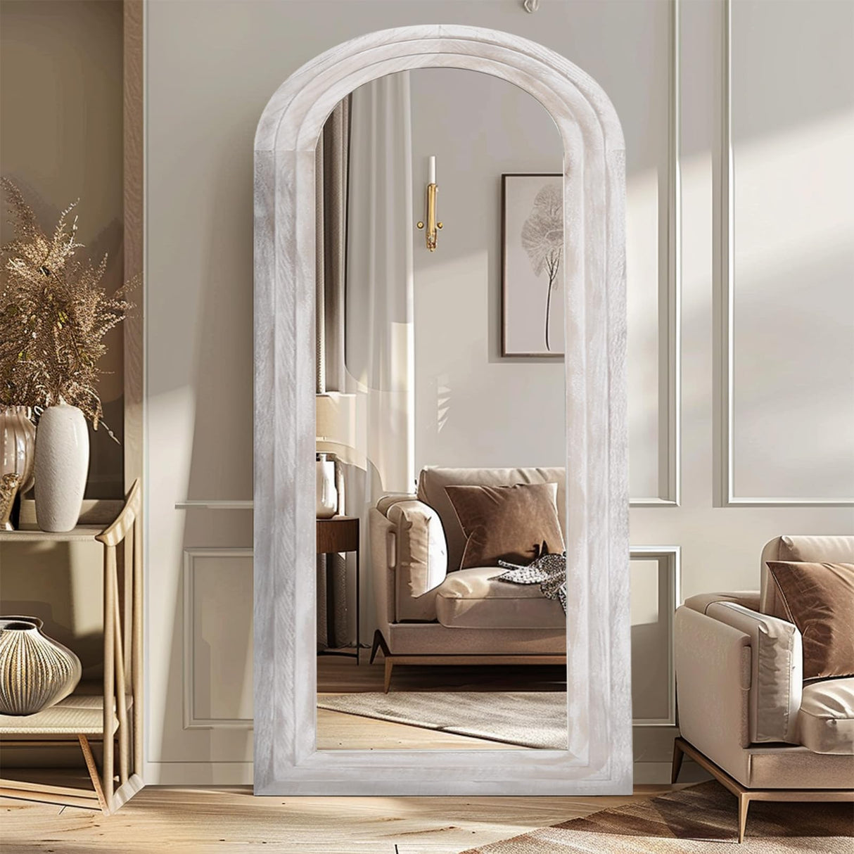 ZHUNFA Arched Full Length Mirror with Solid Wood Frame, 71x32 Farmhouse Wall Mirror Full Length with Stand, Vertical Hanging, Leaning Standing for Bedroom, Living Room, Rustic White ZHUNFA
