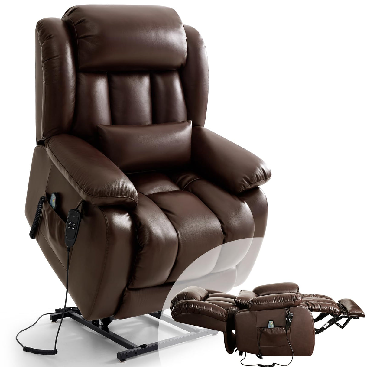 Infinite Position Lay Flat Lift Recliner Chair for Adults, Dual Motor Power Lift Chair for Elderly with Massage & Heating, Extended Footrest, USB Ports, Remote Control & Lumbar Pillow, Leather (Brown) RESTREAL