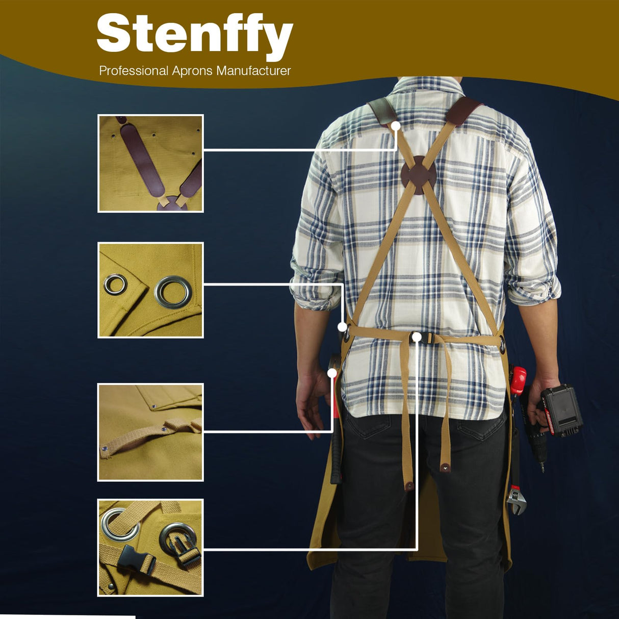 Stenffy Work Apron, Canvas Apron, Adjustable Weight, Tool Aprons with Multiple Pockets, Adjustable Zipper, Metal Ring, Tape Measure Clip, Apron for Men Women, 27In*36In, Khaki. Stenffy