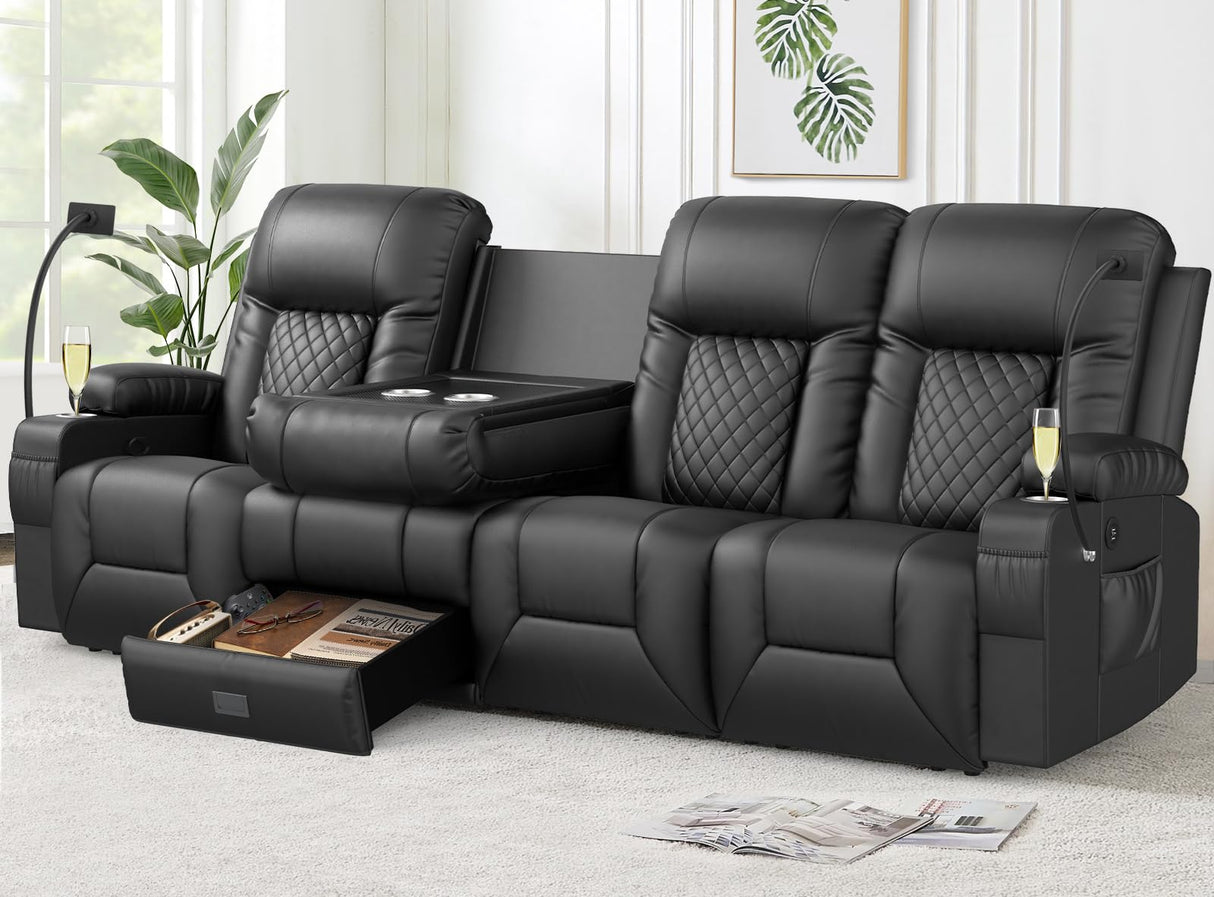 FURNIMAT Recliner Sofa, Modern Dual Reclining Sofa with Flip Back Console, 4 Seater PU Leather Recliner Couch for Living Room/RV, with Storage Drawer, USB Ports, Cup Holder, Cell Phone Holder, Black FURNIMAT