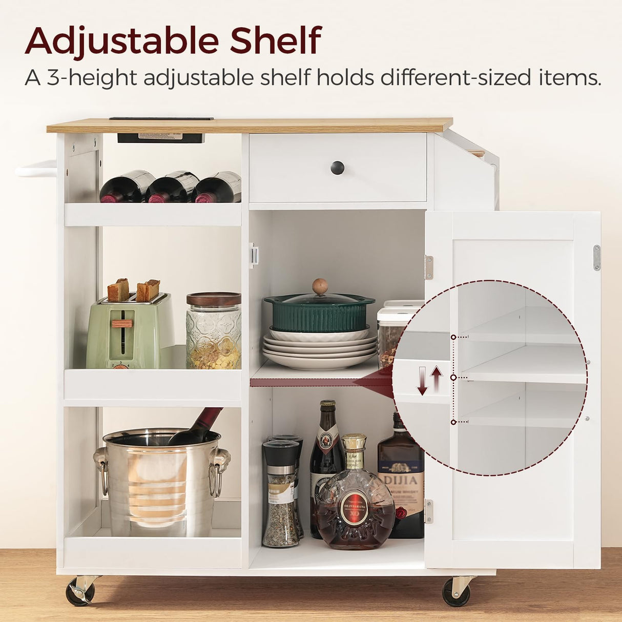 MAHANCRIS Kitchen Island with Power Outlet, Kitchen Storage Island with Drawer, Spice Rack, Towel Rack, Wine Rack, Rolling Kitchen Cart on Wheels, for Dining Room, White and Natural KINW122E01N1 MAHANCRIS