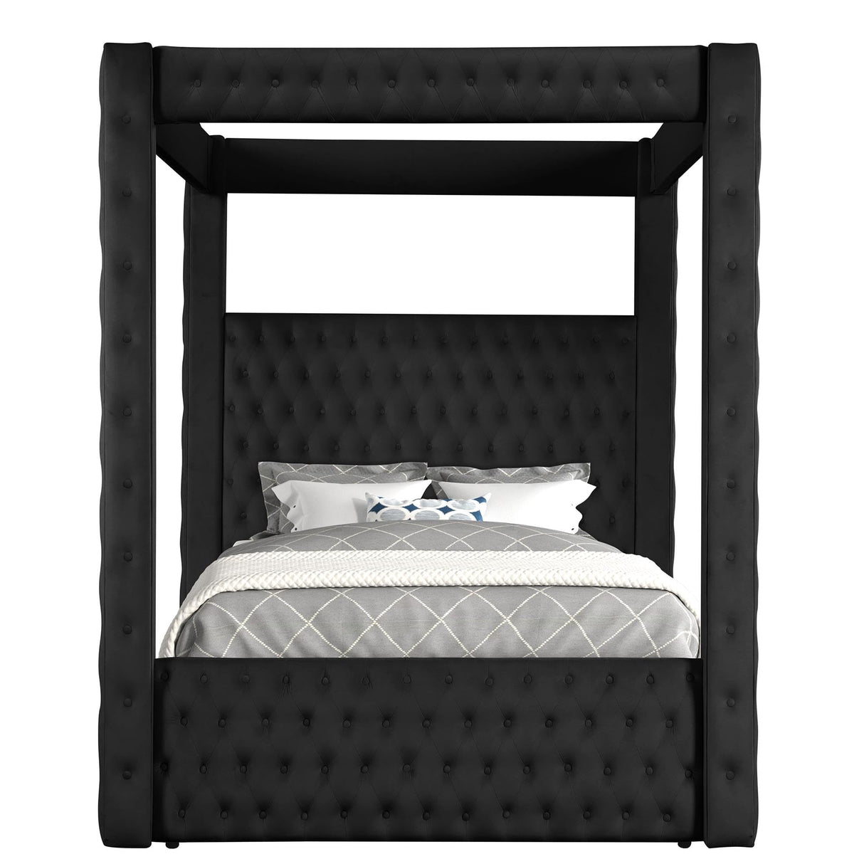 Velvet Canopy Bed Frame Queen - Upholstered Four Poster Bed Frame with Tufted Headboard and Footboard, Luxury Bed Frame with Wood Slats for Bedroom Furniture, Box Spring Required, Black Wirktive