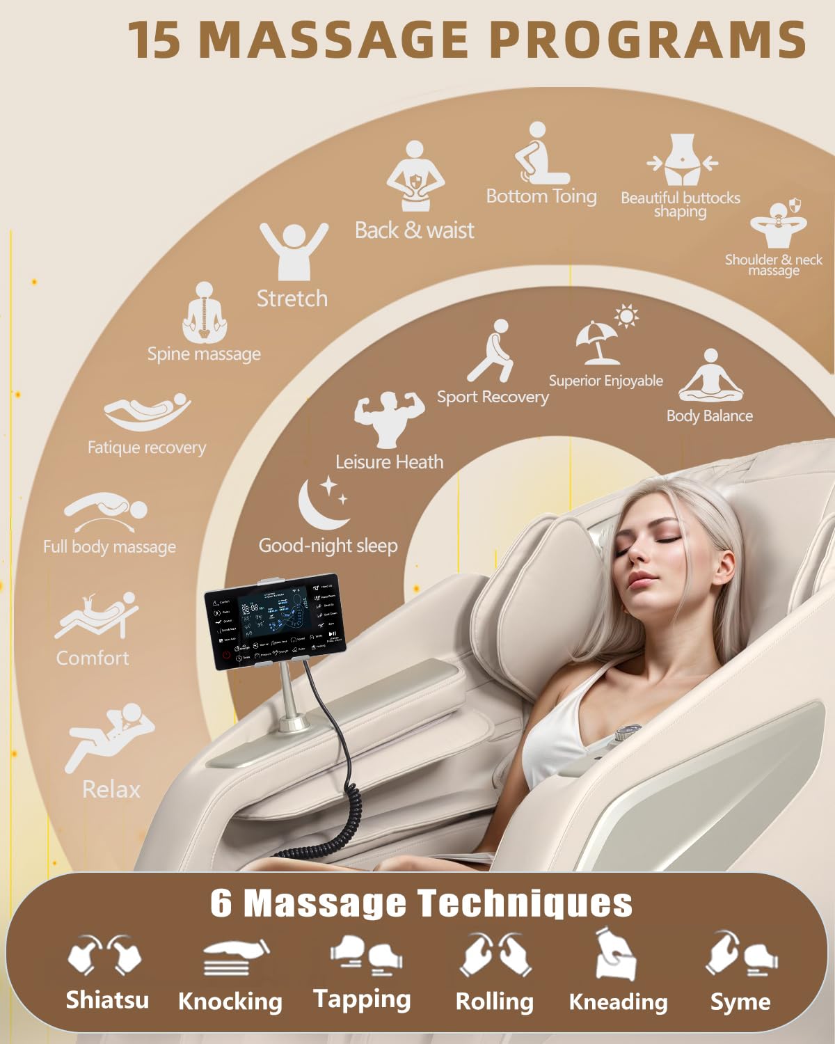 RelaxRelife Full Body Zero Gravity Massage Chair with Body Scan 4D Intelligent Shiatsu Strecth Massage, Back/Leg Heated with AI Voice Control Bluetooth Speaker Airbags SL Track Massage Beige RelaxRelife