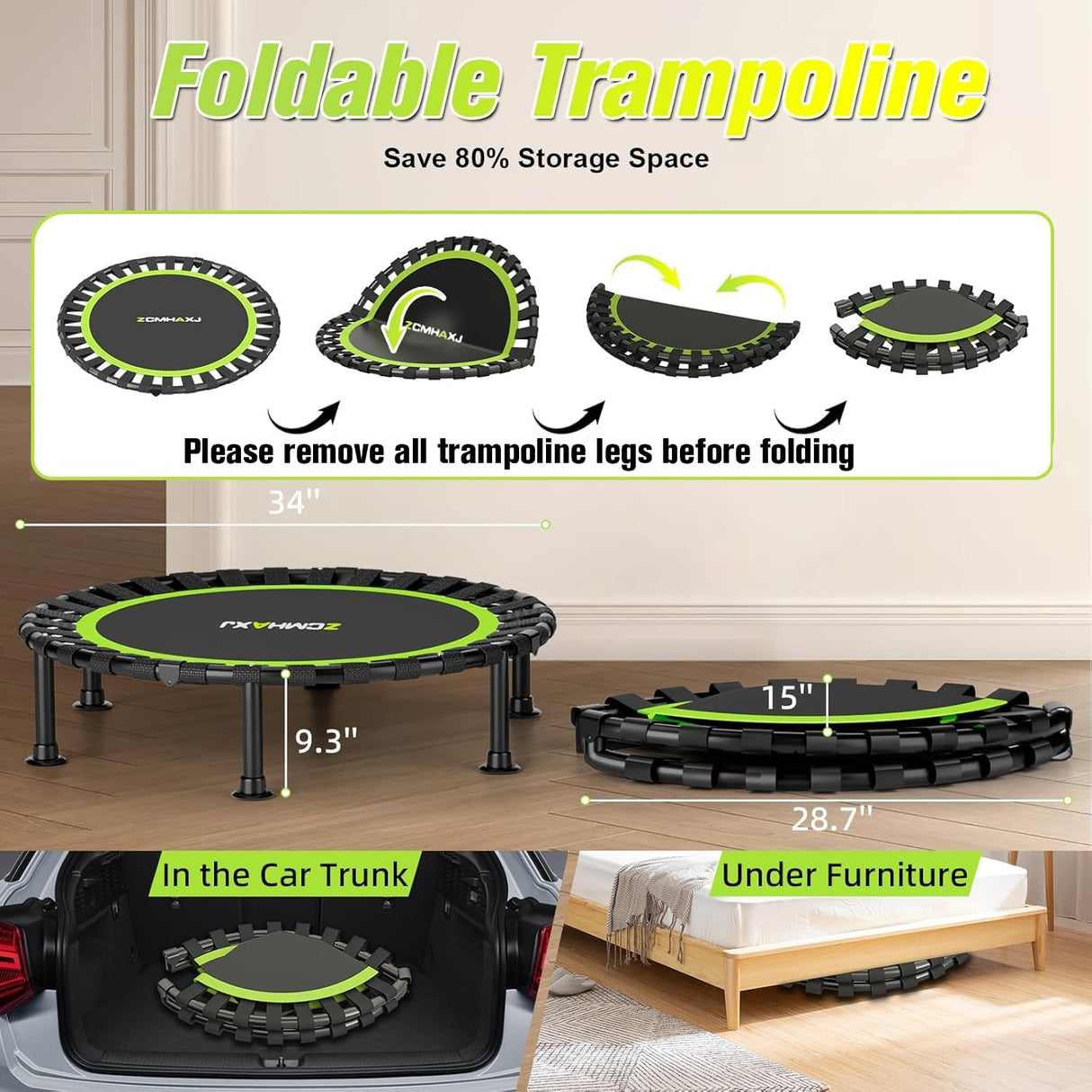 ZCMHAXJ Foldable Mini Trampoline, 40"/48" Rebounder Trampoline for Adults & Kids, 440lbs Capacity Indoor Fitness Workout Exercise Equipment ZCMHAXJ