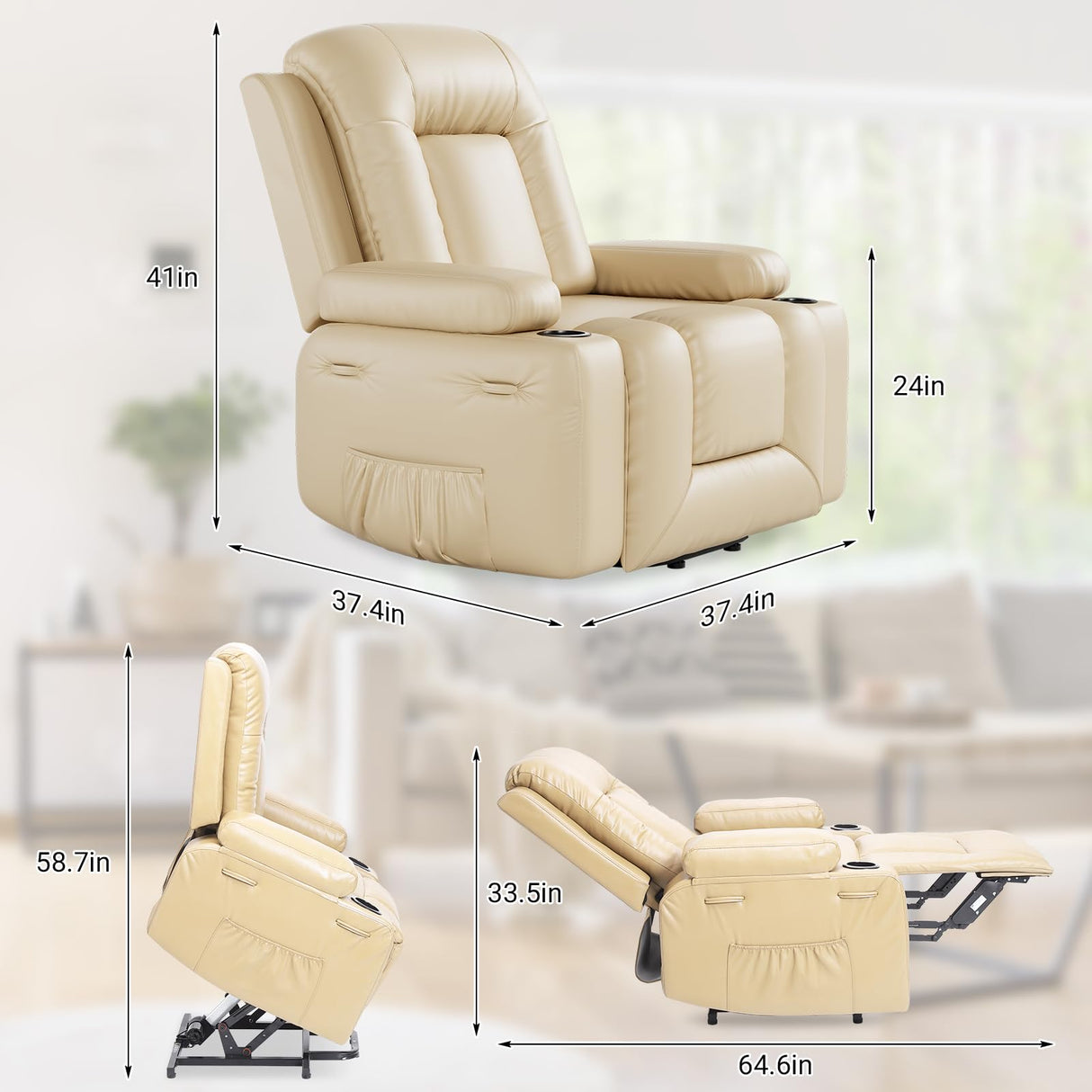 GarveeHome Power Lift Recliner Chair PU Leather with Massage for Elderly Ergonomic Lounge Chair Classic Single Sofa with 2 Cup Holders Side Pocket (Beige, 22" Seat Width + Cup Holder) GarveeHome