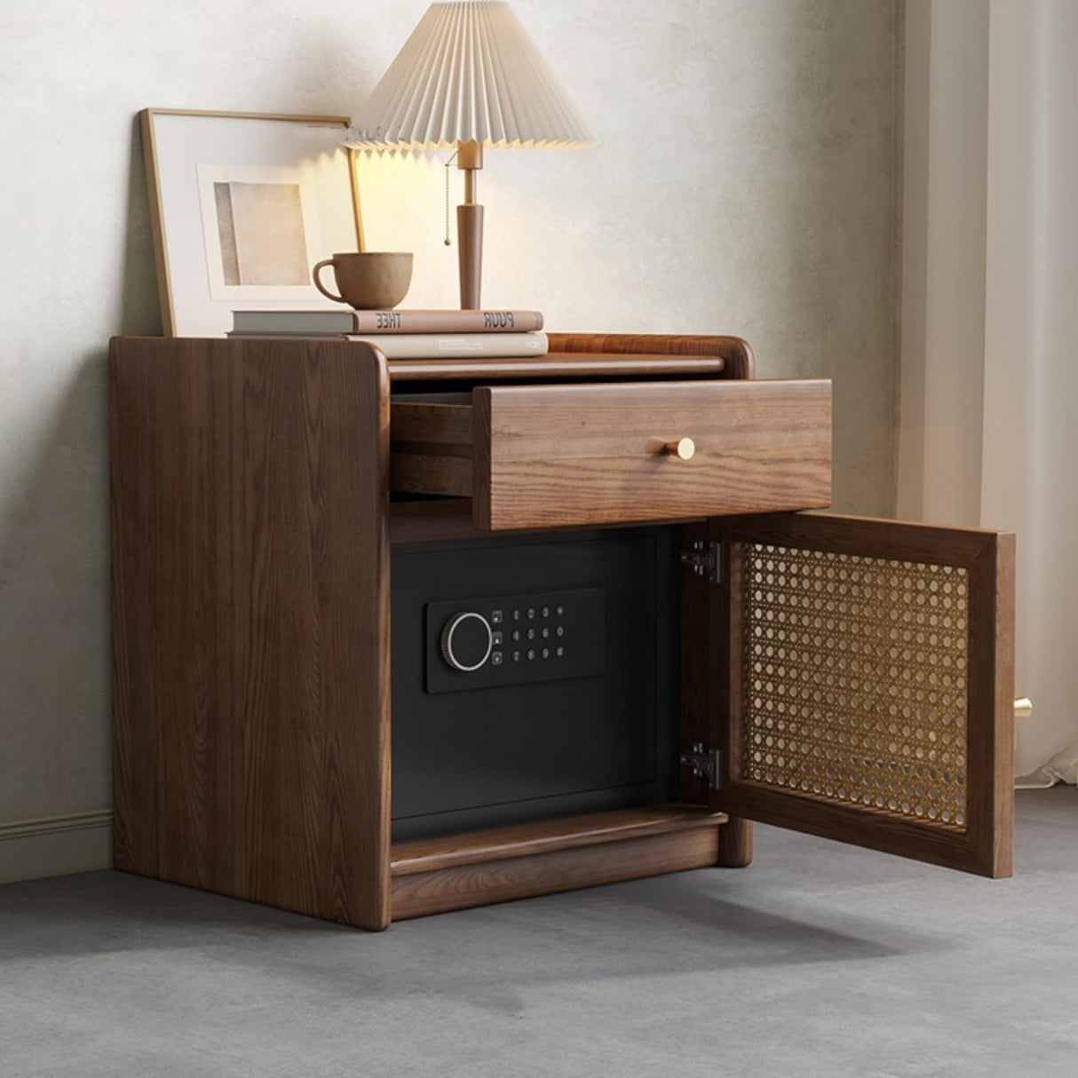 ETACHI Stylish Nightstand Side Table with Hidden Safe, Ash Wood Bedside Table with Gun Safe for Pistol, Protect Your Pistal and Valuables (Brown) ETACHI