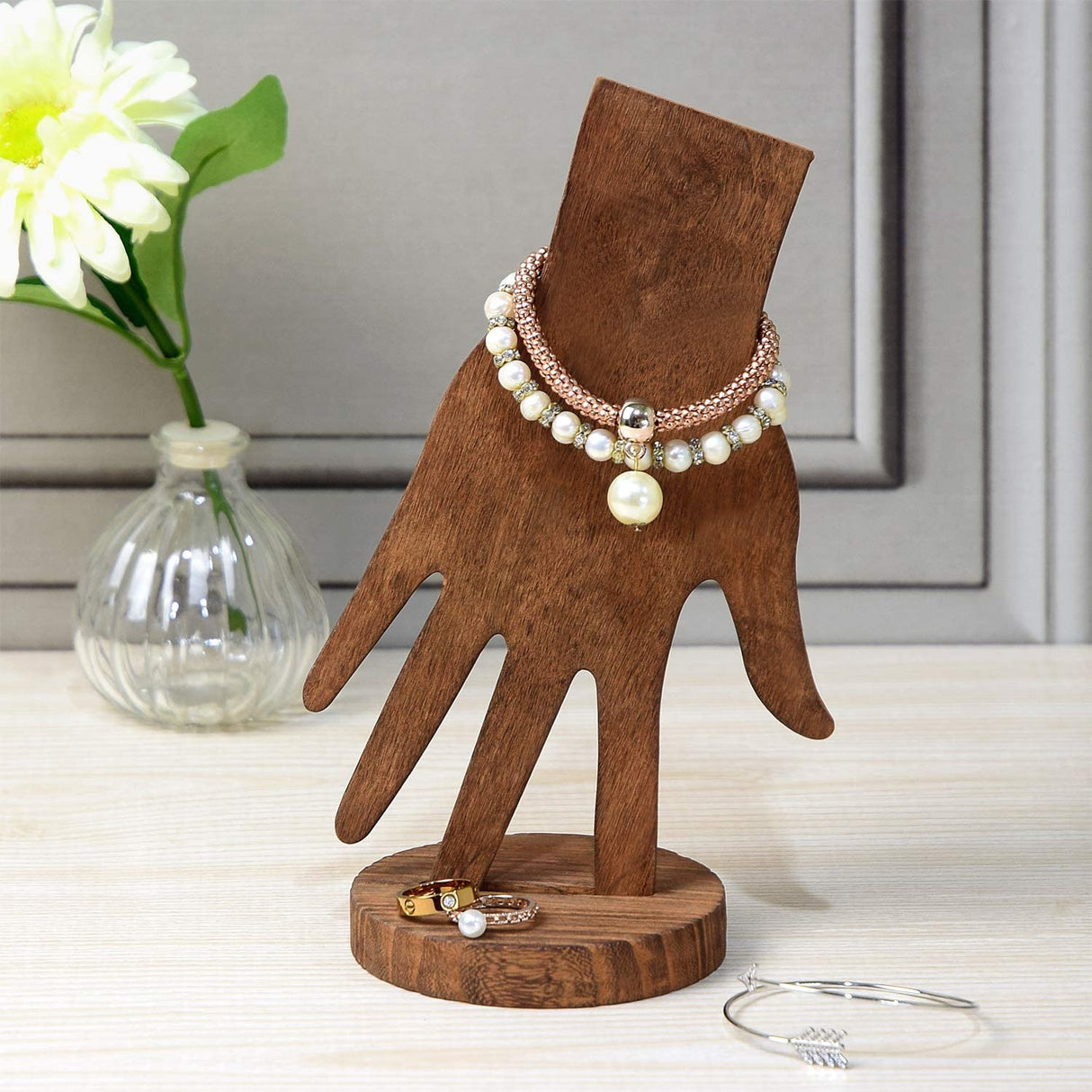 MOOCA 6 Pcs Set Real Wooden Hand Form Jewelry Display, 2-Way Design for Wall Hanging or Standalone Mannequin Finger Hand Display, Premium Real Wood Sturdy Base, Brown Color MOOCA