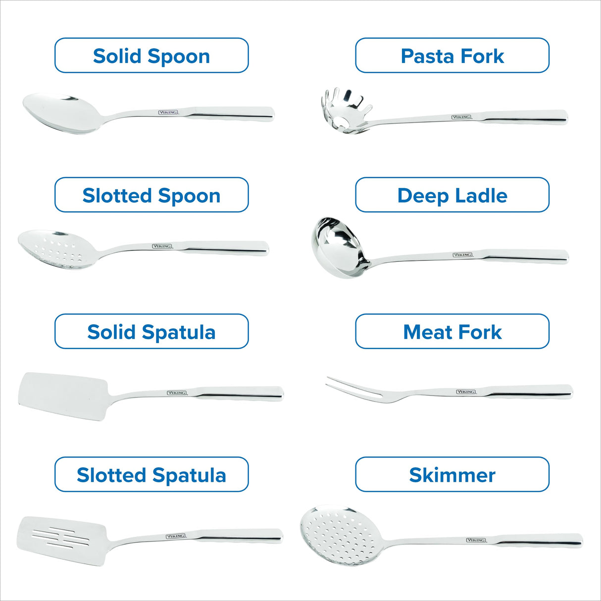 Viking Kitchen Utensils Set, 8 Piece Stainless Steel Cooking Utensil Set, Includes Spatulas, Spoons, Pasta Fork, Deep Ladle, Meat Fork, and Skimmer, Silver Viking