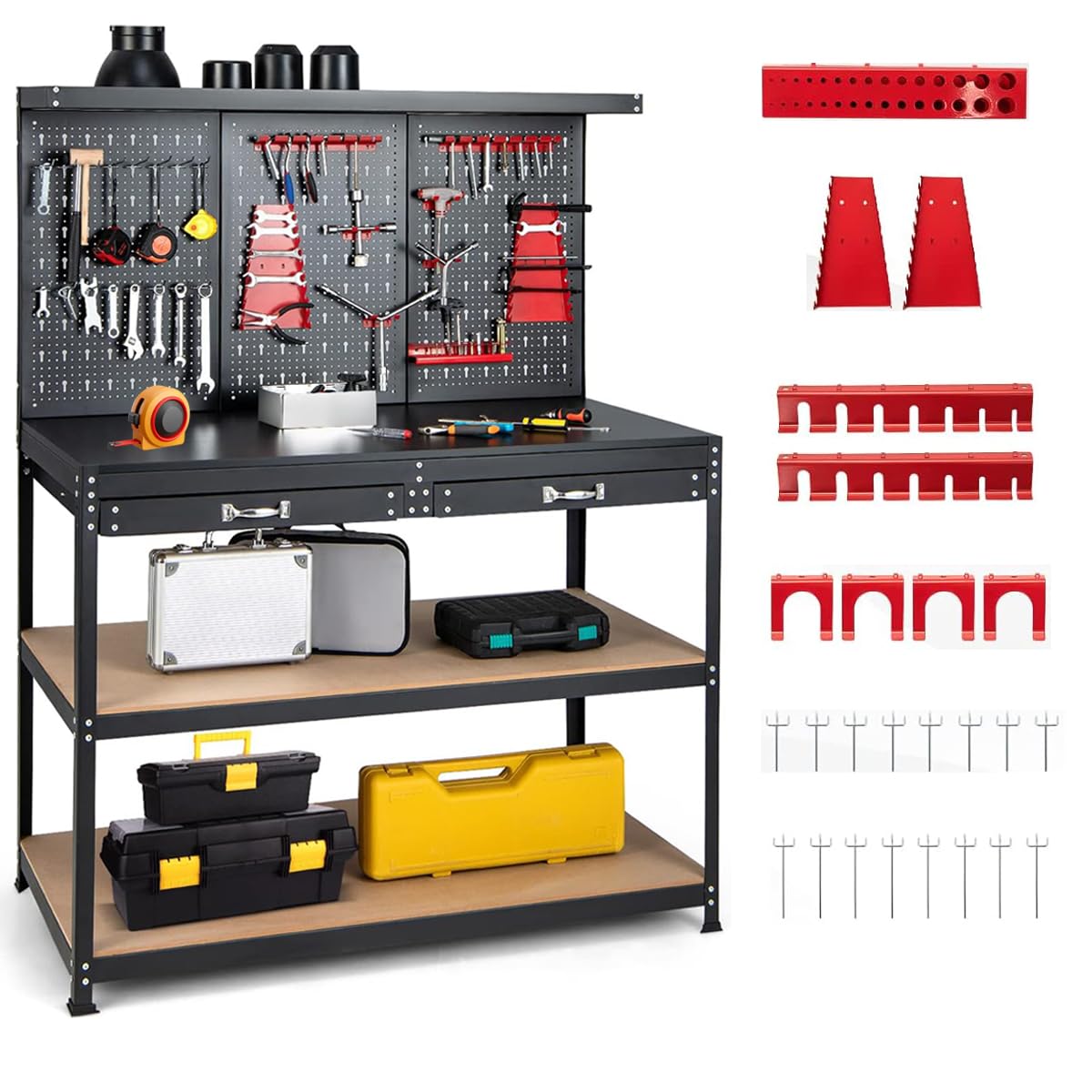 ERGOMASTER 48”x24” Garage Work Bench, Heavy Duty Work Table with Drawers, Pegboard, 965LBS Capacity, 25 Hanging Accessories Metal Tool Bench for Garage, Warehouse ERGOMASTER