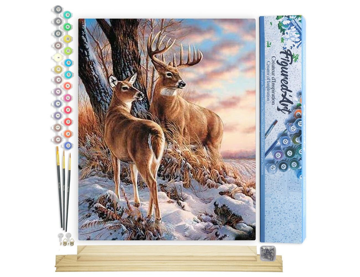 Figured'Art Paint by Numbers Kit for Adults Deers During Winter 16"x20" - Craft Art Painting Rolled Canvas with DIY Wooden Frame Figured'Art