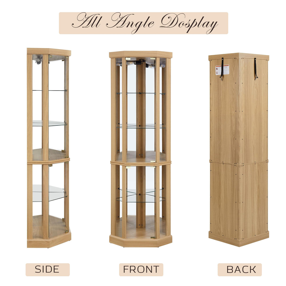 CKEASEAN Corner Curio Cabinet, 70" H Lighted Glass Display Cage with Tempered Glass Doors and 5 Adjustable Shelves, Light Bulb Inclued, Wine Bar China Cabinet for Living Room (Light Oak) CKEASEAN