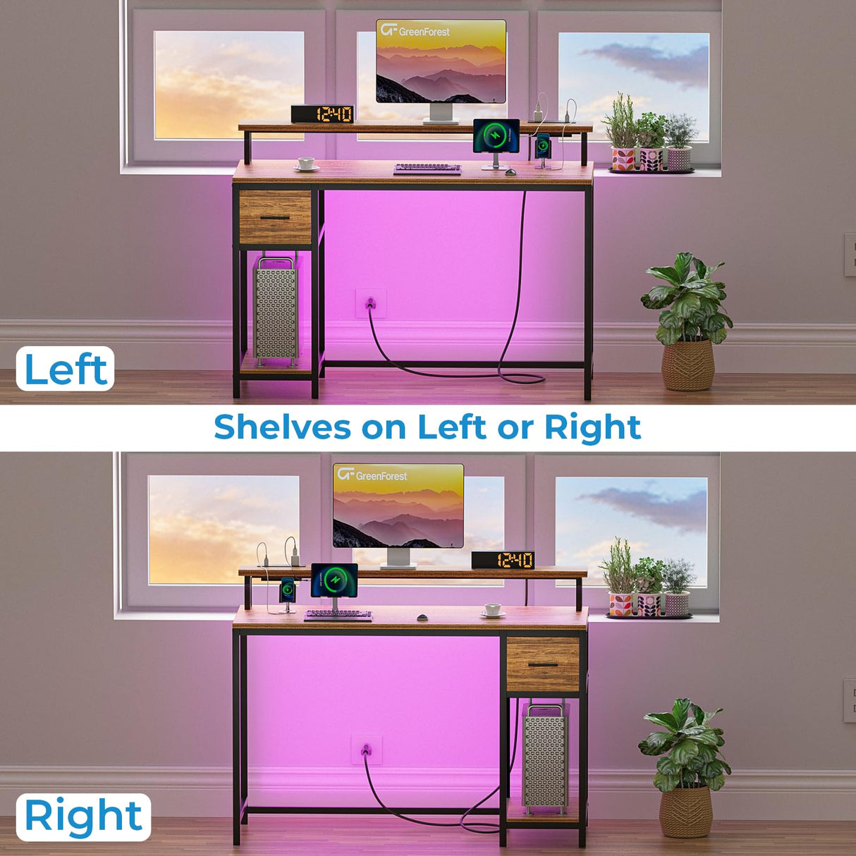 GreenForest Computer Desk with Drawers 47 inch,Gaming Desk with LED Lights & Power Outlets Small Desk with Monitor Stand and Reversible Shelf,Walnut GreenForest