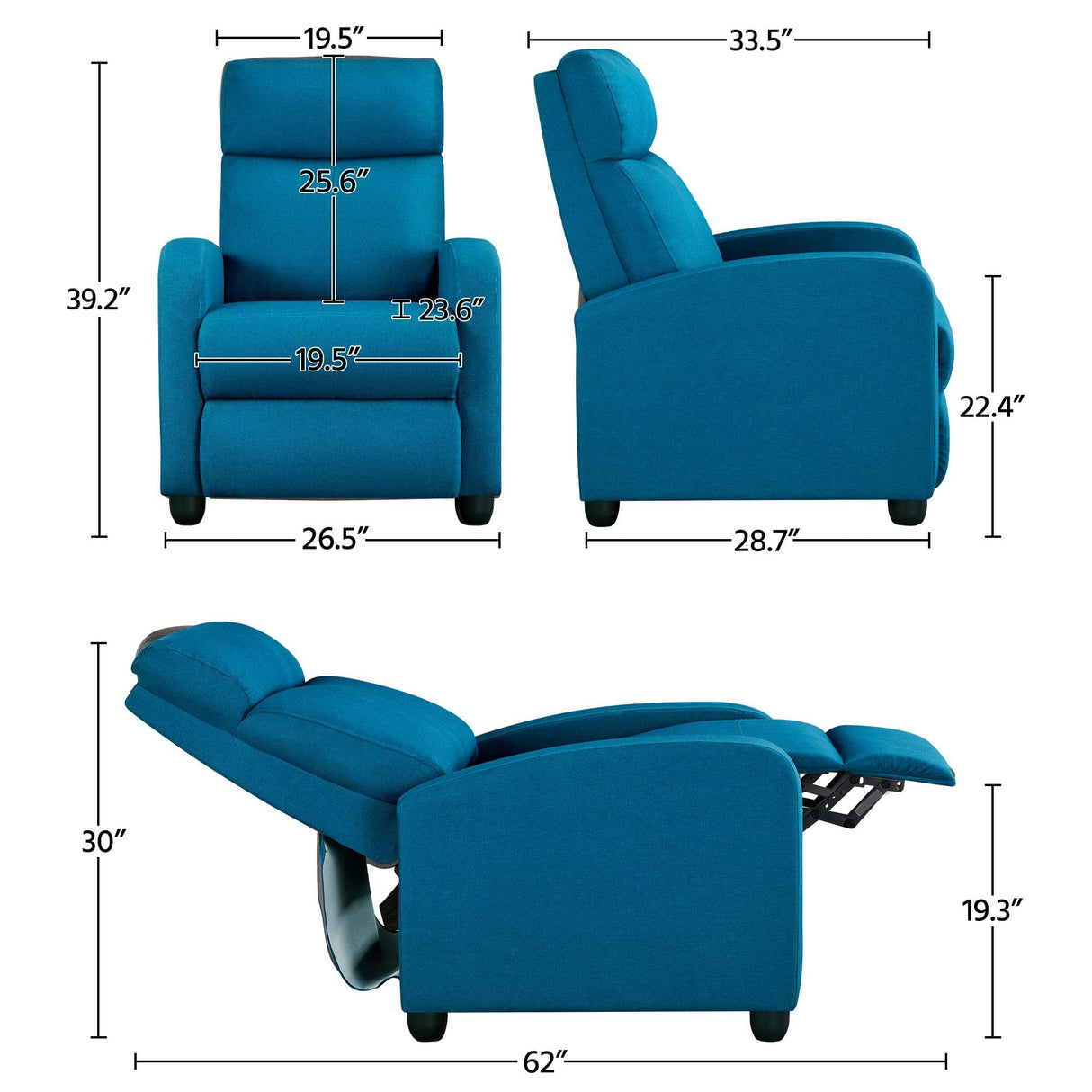 Topeakmart Fabric Recliner Sofa Push Back Recliner Chair Adjustable Modern Single Reclining Chair Upholstered Sofa with Pocket Spring Living Room Bedroom Home Theater Blue Topeakmart