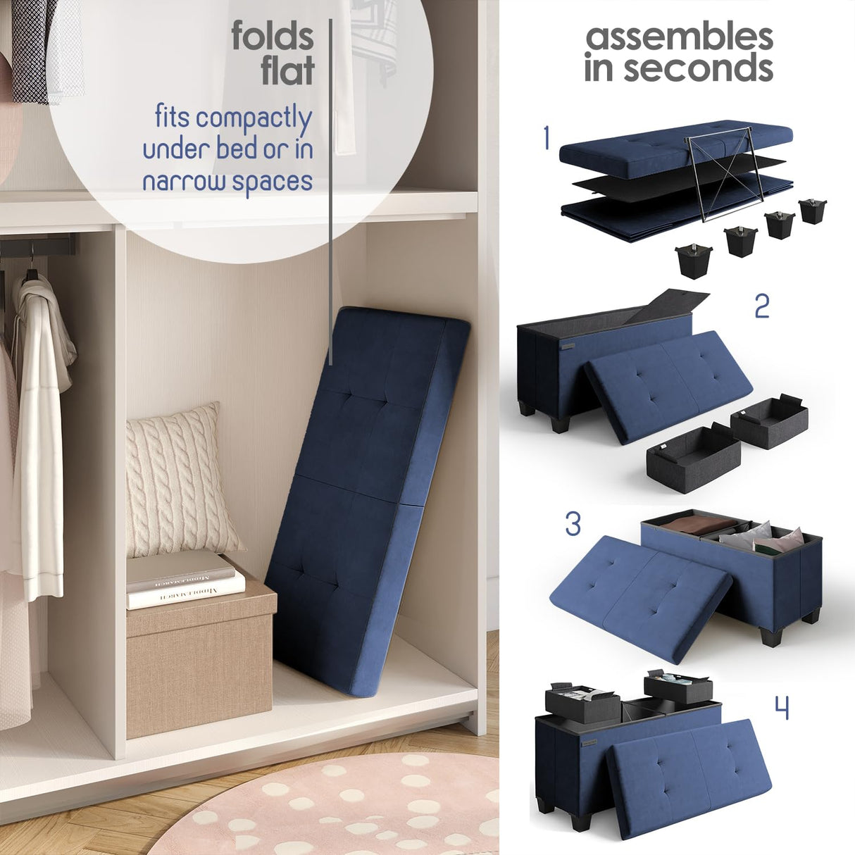 STORAGEBUD Storage Ottoman Bench with Bins, 30-in Storage Bench for Bedroom End of Bed, Folding Foot Rest Ottoman for Living Room Max 660lbs, Velvet Ottomans, Blue STORAGEBUD