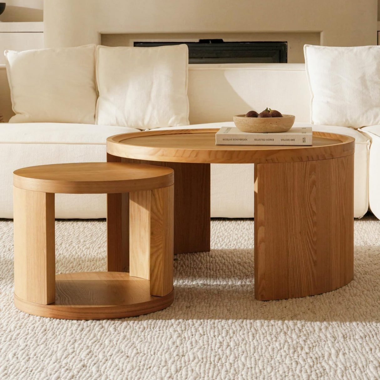 FAME HOME Round Nesting Coffee Table Set of 2,31.5" Large & 18" Small Low Tables with Wood Look Top,Space-Saving Side Tables for Living Room,Bedroom,Office,Minimalist Center Table Set (Brown, L+S) FAME HOME