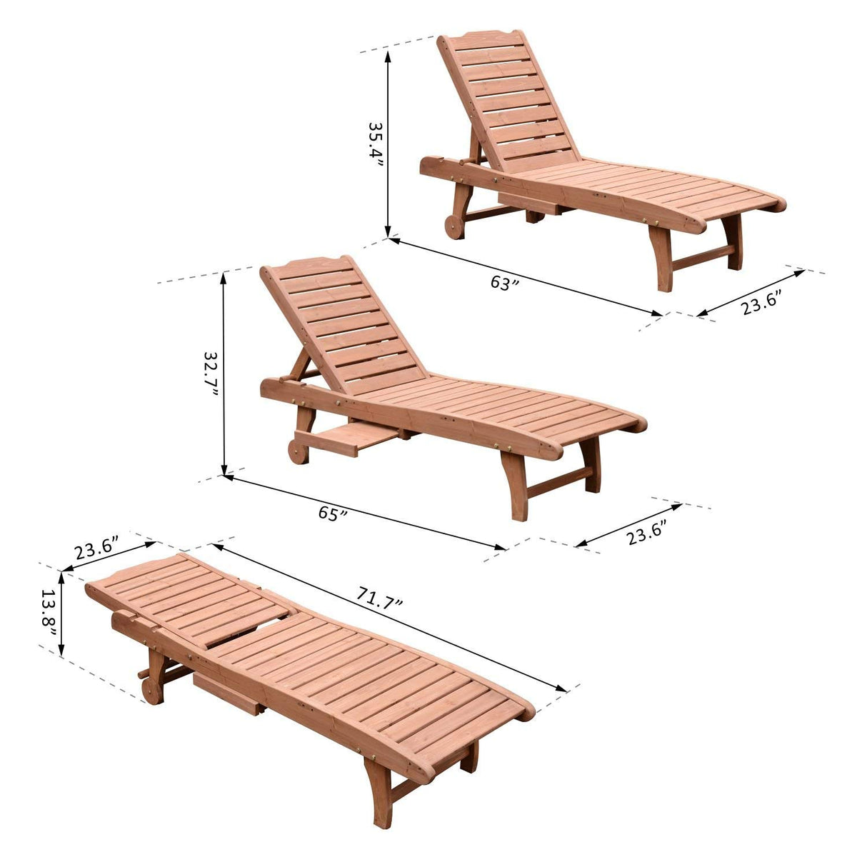 Outsunny Outdoor Chaise Lounge Pool Chair, Built-in Table, Reclining Backrest for Sun Tanning/Sunbathing, Rolling Wheels, Red Wood Look Outsunny