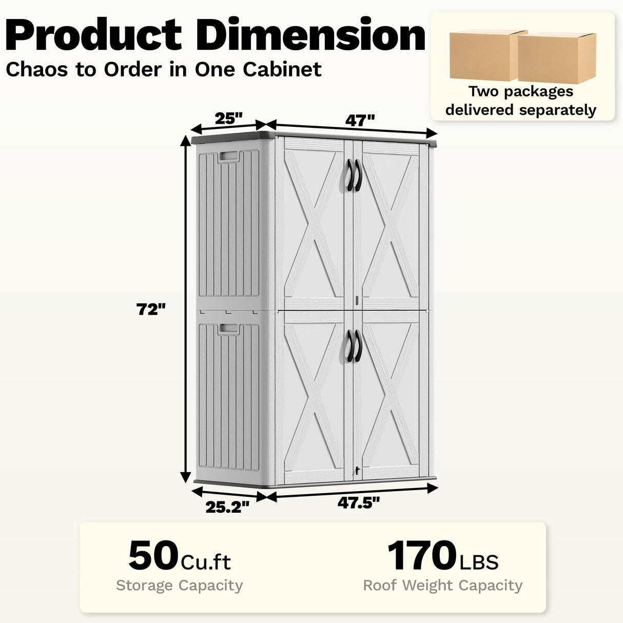 Devoko 50 Cu.ft Outdoor Storage Cabinet - Vertical Resin Storage Shed - Holds Patio Furniture, Pool Toys, Garden Tools (White) Shelf Not Included Devoko