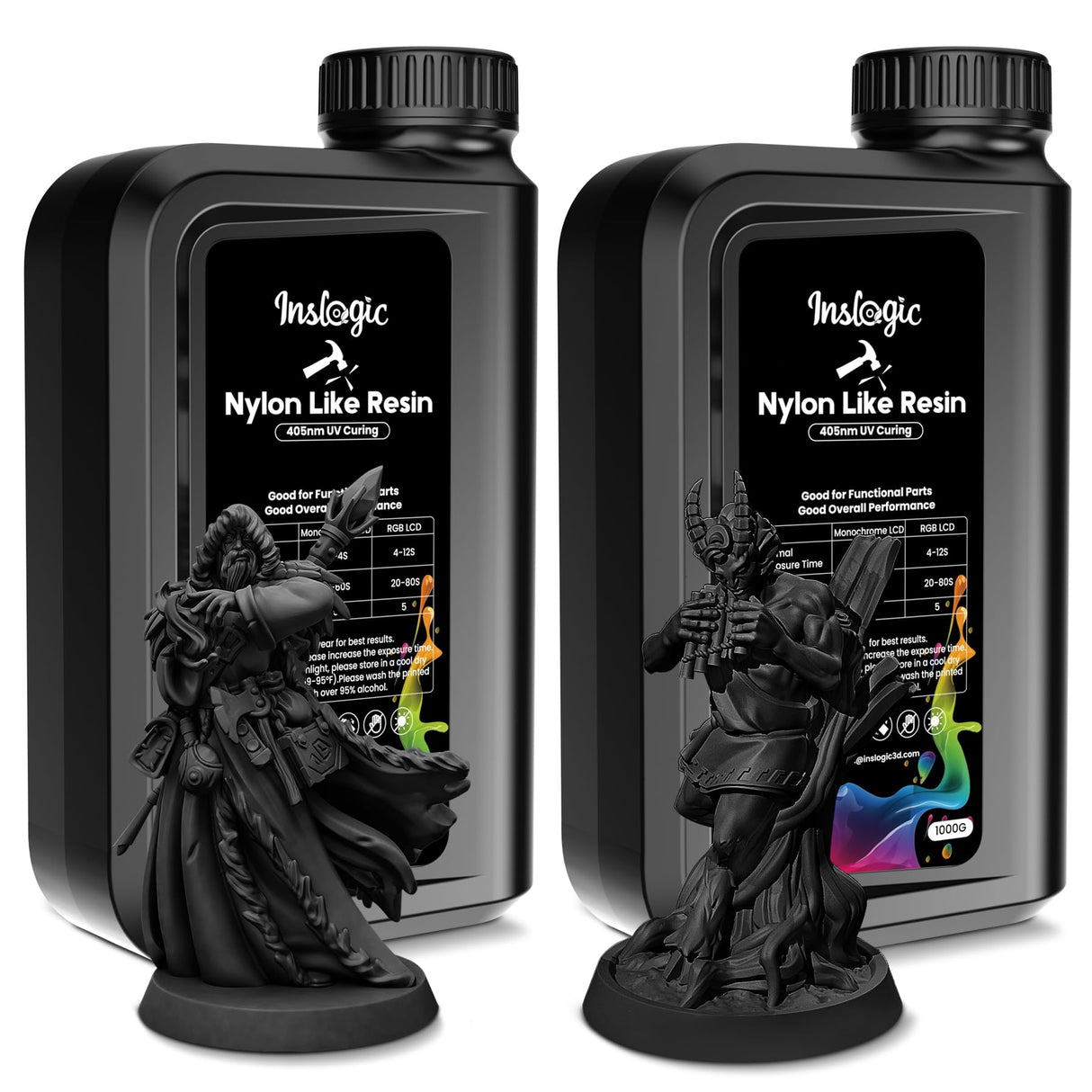 Inslogic Nylon 3D Printer Resin Bundle, 2 * 1KG Black Resin Strong Tough Durable 3D Resin, High Compatible for LCD 3D Printers, 395-405nm UV Light Curing 3D Printing Liquid Photopolymer Resin JAYO