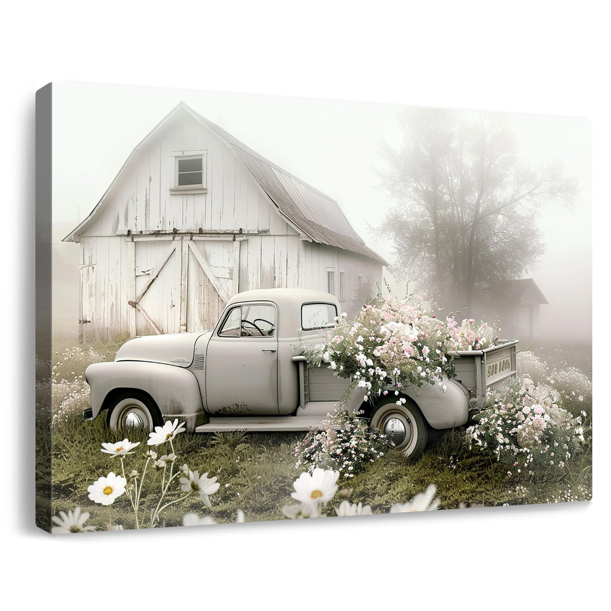 gaosoul Rustic Farmhouse Barn Canvas Wall Art Framed Misty Countryside Field Landscape Painting Rusty Old Truck Loaded With Flowers Picture Prints for Bedroom Living Room Office Decor 16x12in gaosoul