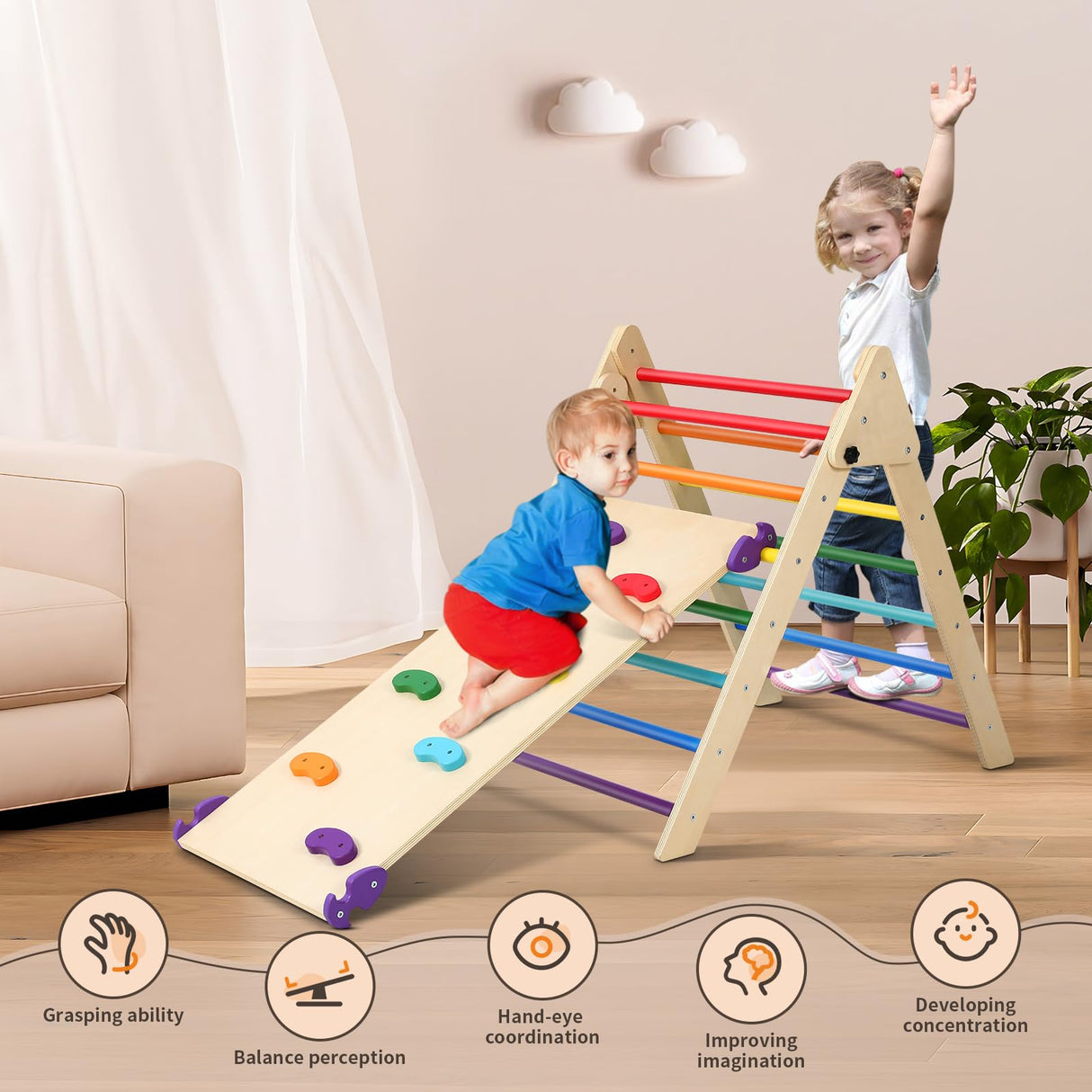 Pikler Triangle Set with Cushion, 5 in 1 Foldable Montessori Climbing Set for Toddlers Age 1-6, Climbing Triangle Set with Slide and Climbing Ramp Toddler Indoor Playgrounds, Gift for Kids (Rainbow) GCCSJ