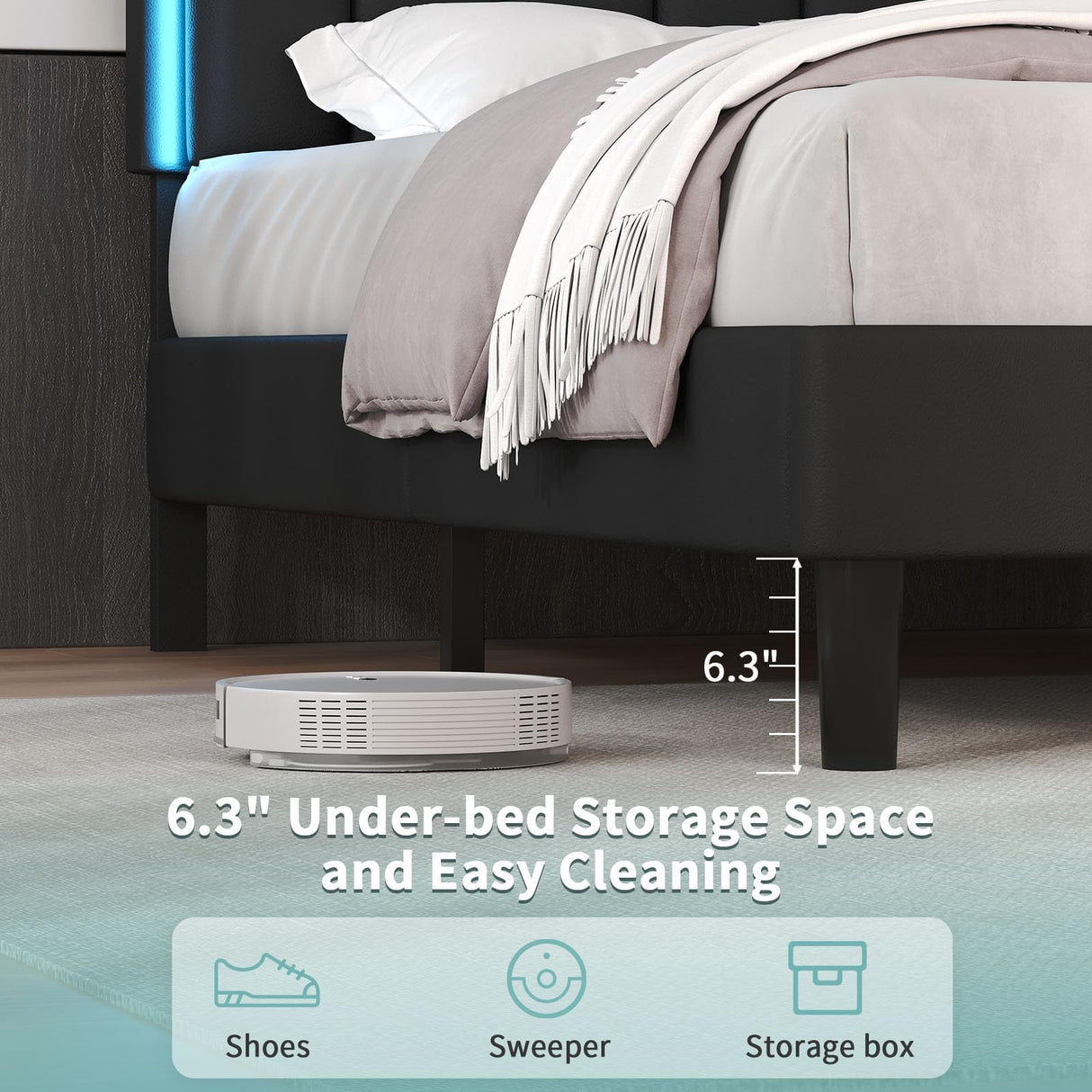 IMMERSTABLE Queen Bed Frame with LED Lights, Upholstered Bed Frame Queen Size with Headboard, Heavy Duty Wood and Metal Slats Support, Noise-Free, No Box Spring Needed, Easy Assembly, Black IMMERSTABLE