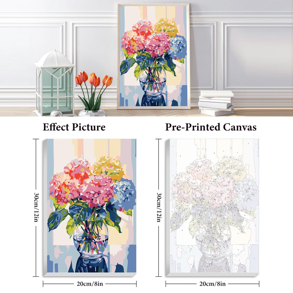 Framed Paint by Numbers Kit for Adults Beginner & Kids Ages 8-12, Hydrangea in Glass Vase Window Paint by Number with Frame, Easy Acrylic Colorful Flowers Painting by Numbers Kit on Canvas 8x12 inch Fountor