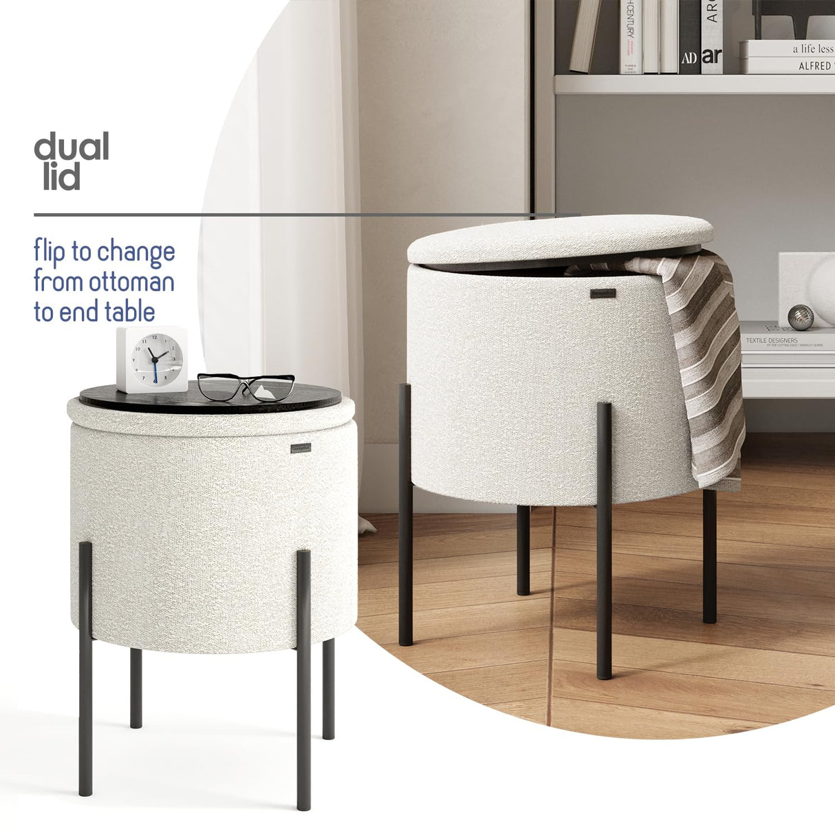 STORAGEBUD Round Ottoman with Storage, Boucle Storage Ottoman, Foot Stool Ottoman, Makeup Vanity Stool, Small Ottoman Foot Rest, Modern Ottomans for Living Room and Bedroom, White STORAGEBUD