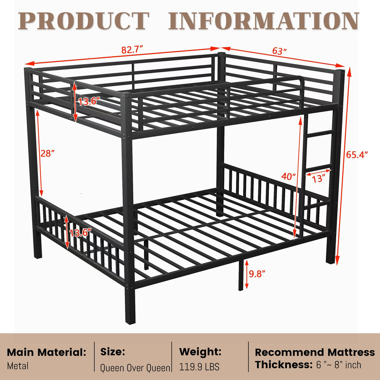 Queen Over Queen Bunk Beds for Adults, Metal Bunk Bed Queen Size,Heavy-Duty Bunk Bed Frame with Ladder and Slats Support for Boys Girls,Space-Saving,Noise Reduced,Black MoproBeti