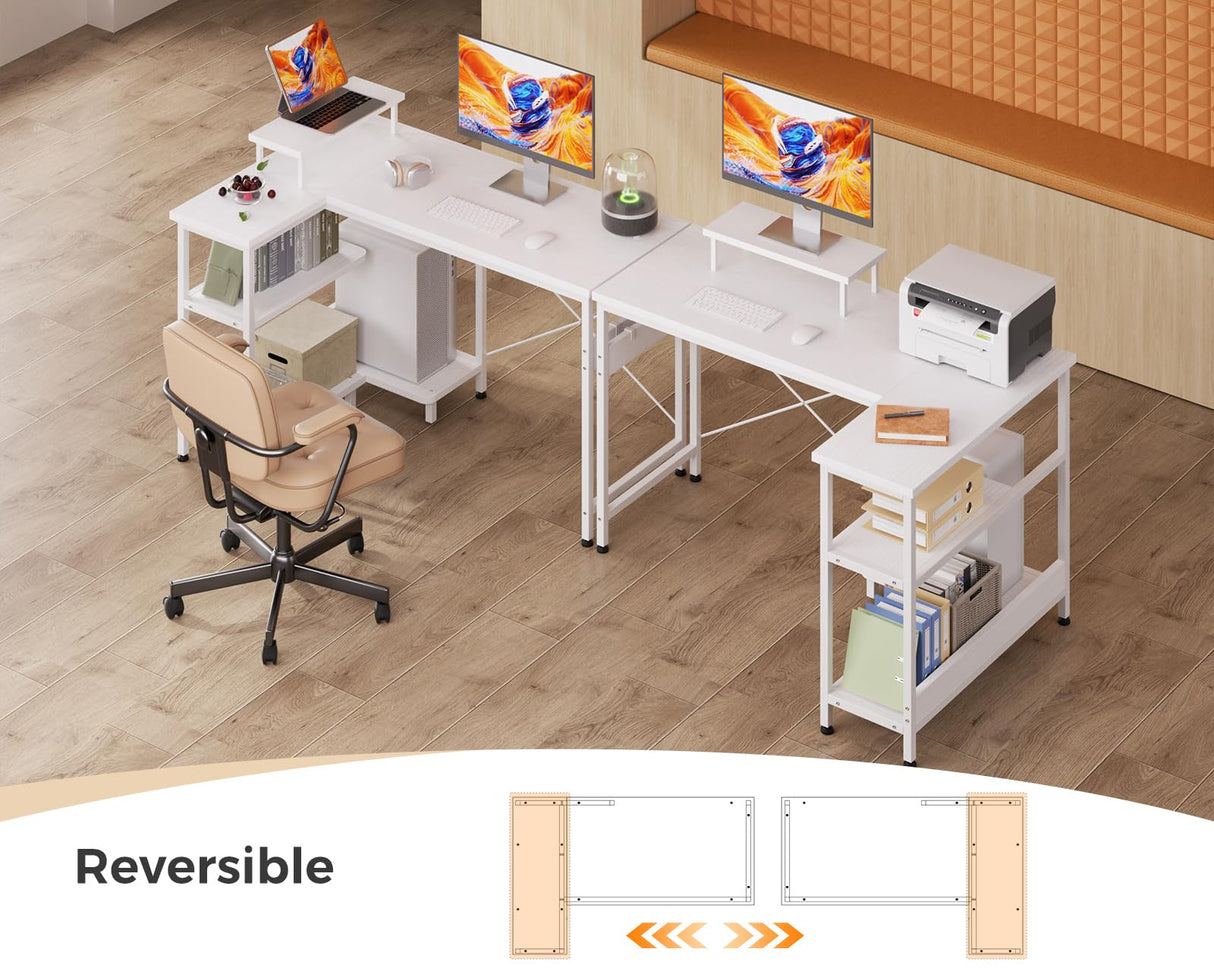ODK 47 Inch Small L Shaped Computer Desk with Reversible Storage Shelves, L-Shaped Corner Desk with Monitor Stand for Small Space, Modern Simple Writing Table for Home Office Workstation, White ODK