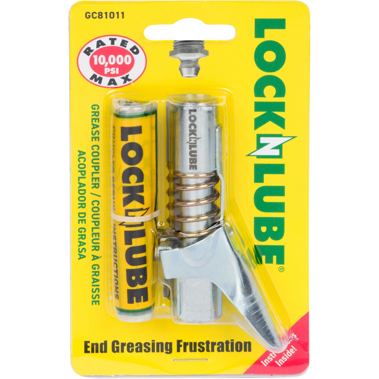 LockNLube Grease Gun Coupler locks onto Zerk fittings. Grease goes in, not on the machine. World's best-selling original locking grease coupler. Rated 10,000 PSI. Long-lasting rebuildable tool. LockNLube
