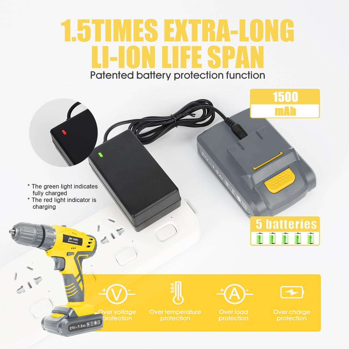 Jar-Owl 21V Cordless Drill Set, 0-1350RMP Variable Speed,350 in-lb Torque,10MM 3/8'' Keyless Chuck, 18+1 Clutch, 1.5Ah Li-Ion Battery & Charger for Home Tool Kit - Black & Yellow jar-owl