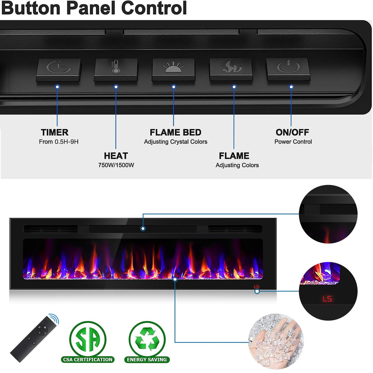 60 Inch Electric Fireplace Recessed and Wall Mounted, Fireplace Heater and Linear Fireplace, Ultra-Thin Electric Fireplace, Low Noise, with Timer, Remote Control, Adjustable 12 Flame Color, 750/1500W Sixfivsevn