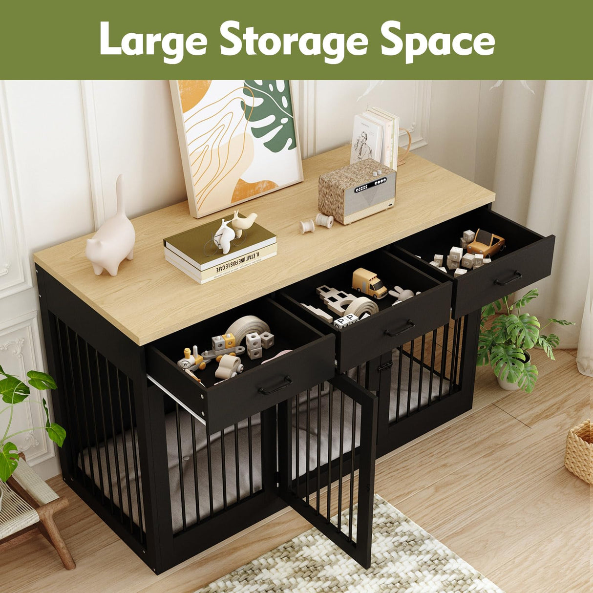 DAWNSPACES Extra Large Dog Crate Furniture with 3 Drawers, Indoor Heavy Duty Dog Kennel House, 55.3" Furniture Style Dog Crate Side End Table TV Stand for XL Large Medium Breed Dogs, Black DAWNSPACES
