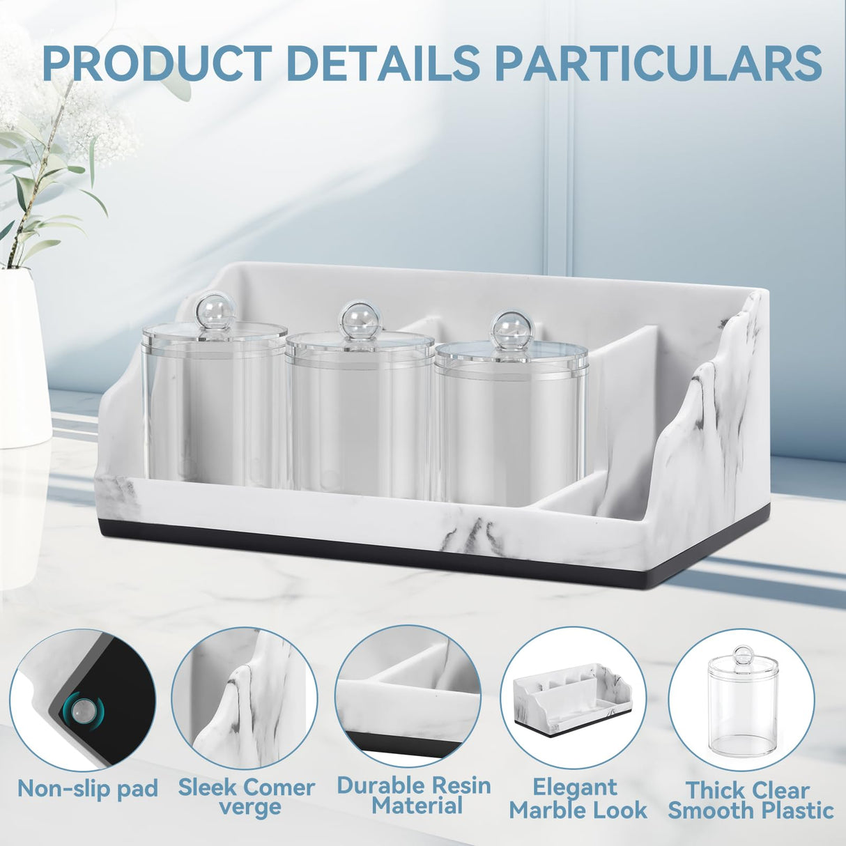 TuCao Marble Bathroom Countertop Organizer, Toothbrush Holders for Bathroom with 3PCS Qtip Holder Dispenser and Toothpaste Holder Drainage for Bathroom Accessories Organization Counter Vanity Storage TuCao