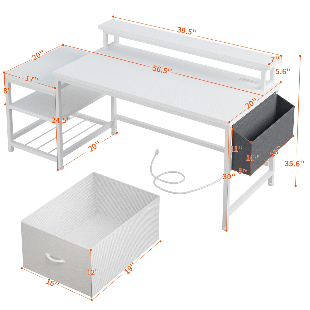 EnHomee 56.5" White Desk with Power Outlets,Study Writing Home Office Desks with File Drawers Cabinet, Computer Desk with Shelves Monitor Stand,Desk with Drawers and Printer Space,White EnHomee