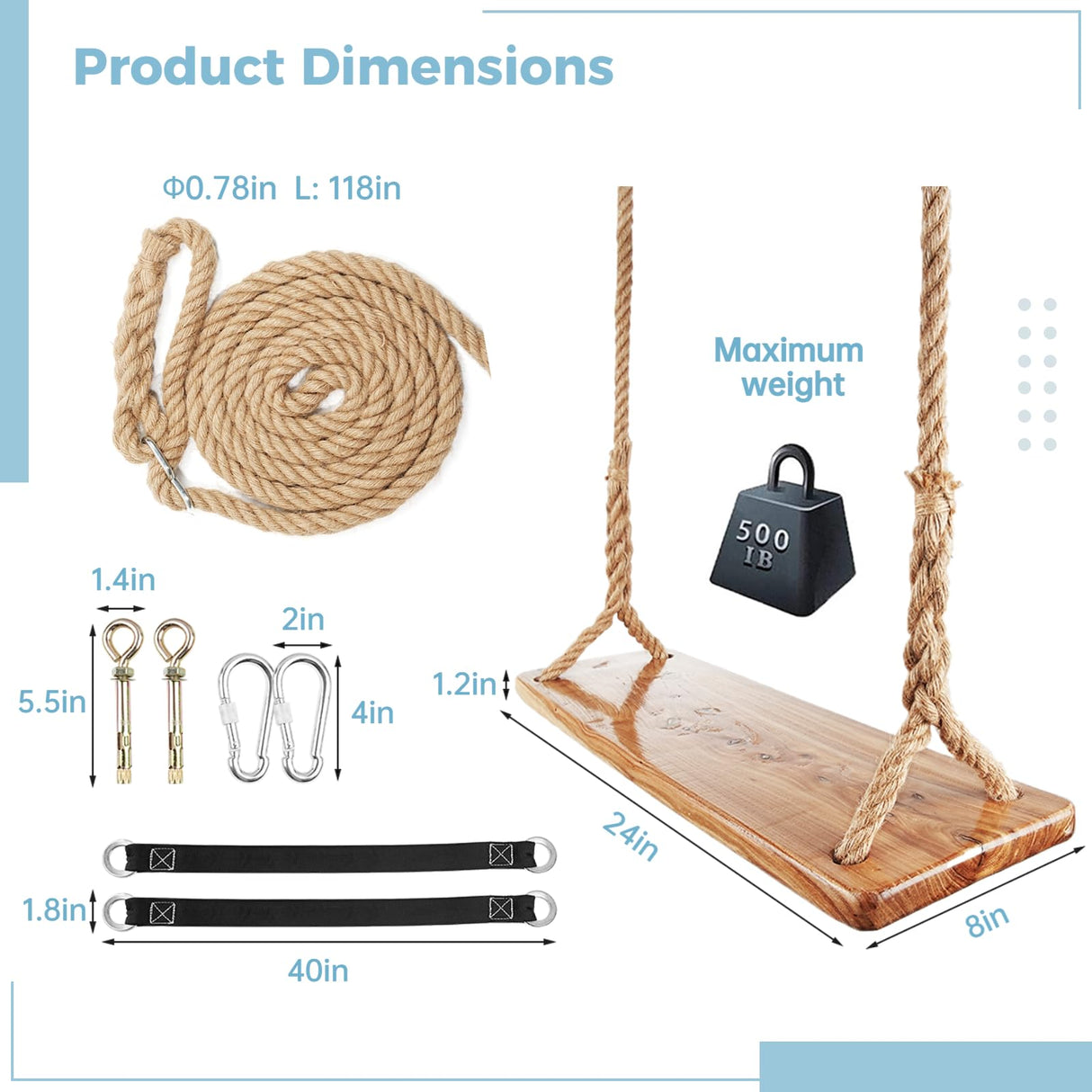 Wooden Tree Swing, 500lbs Load Capacity Heavy-Duty Wooden Swing for Adults & Kids, Waterproof Hanging Swing Seat with Adjustable Height for Indoor & Outdoor Toyoget