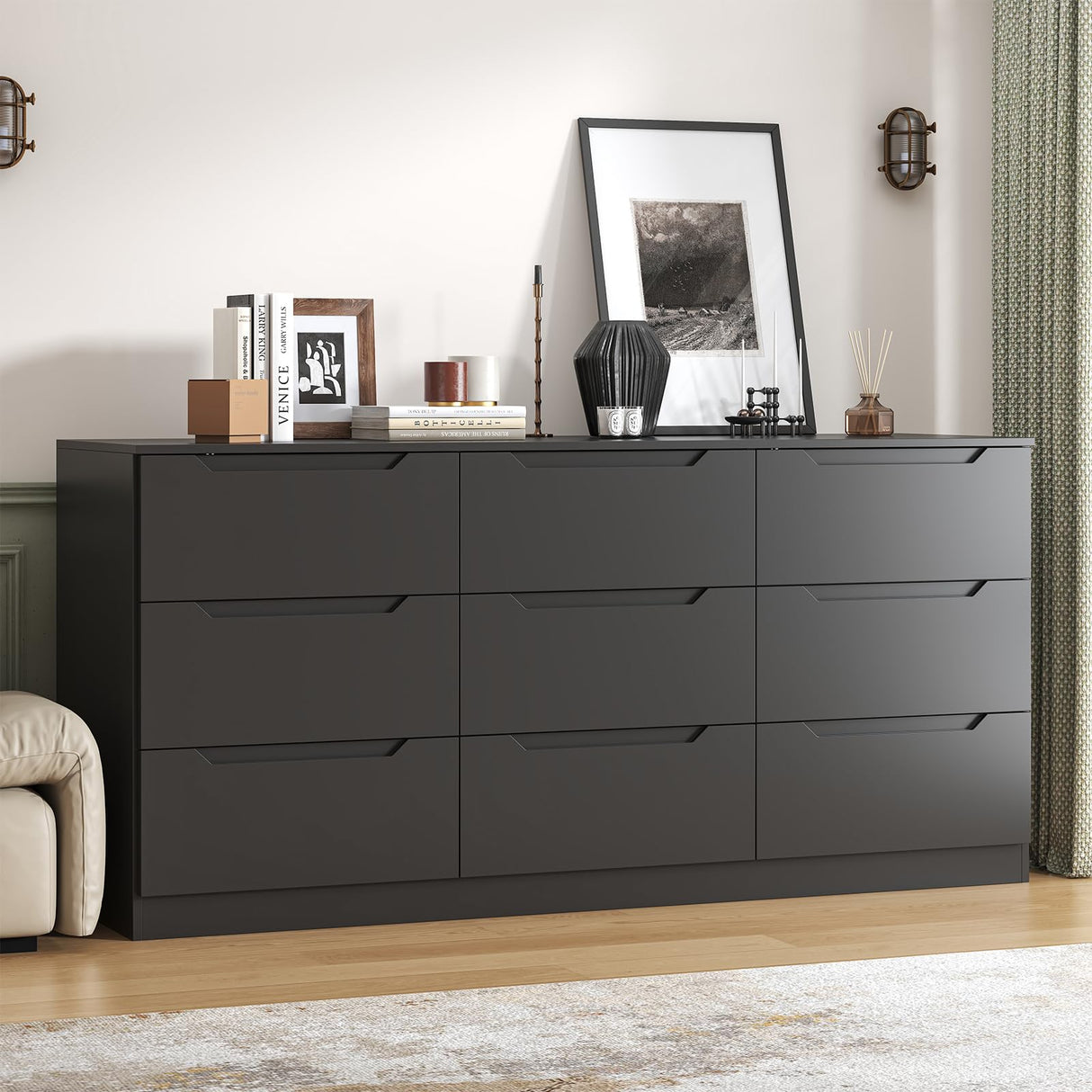 Winkalon 9 Drawer Dresser,62” Wide Chest of 9 Drawer Dresser, Modern Storage Cabinets with Large Wood Drawers for Bedroom, Living Room, Entryway, Hallway Black Winkalon