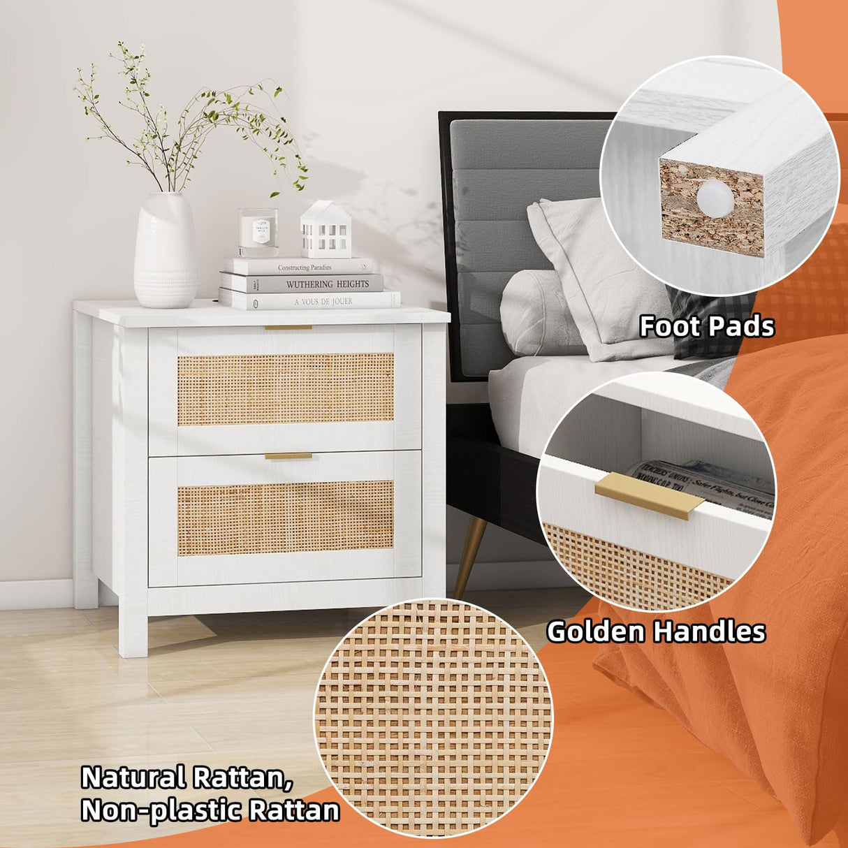 AILEEKISS Night Stand Set of 2 Rattan Nightstands with Wireless Charging Station, Wood Accent Bed Side End Tables with 2 Rattan Drawers, Modern Bedside Stand for Bedroom, Living Room (White) AILEEKISS