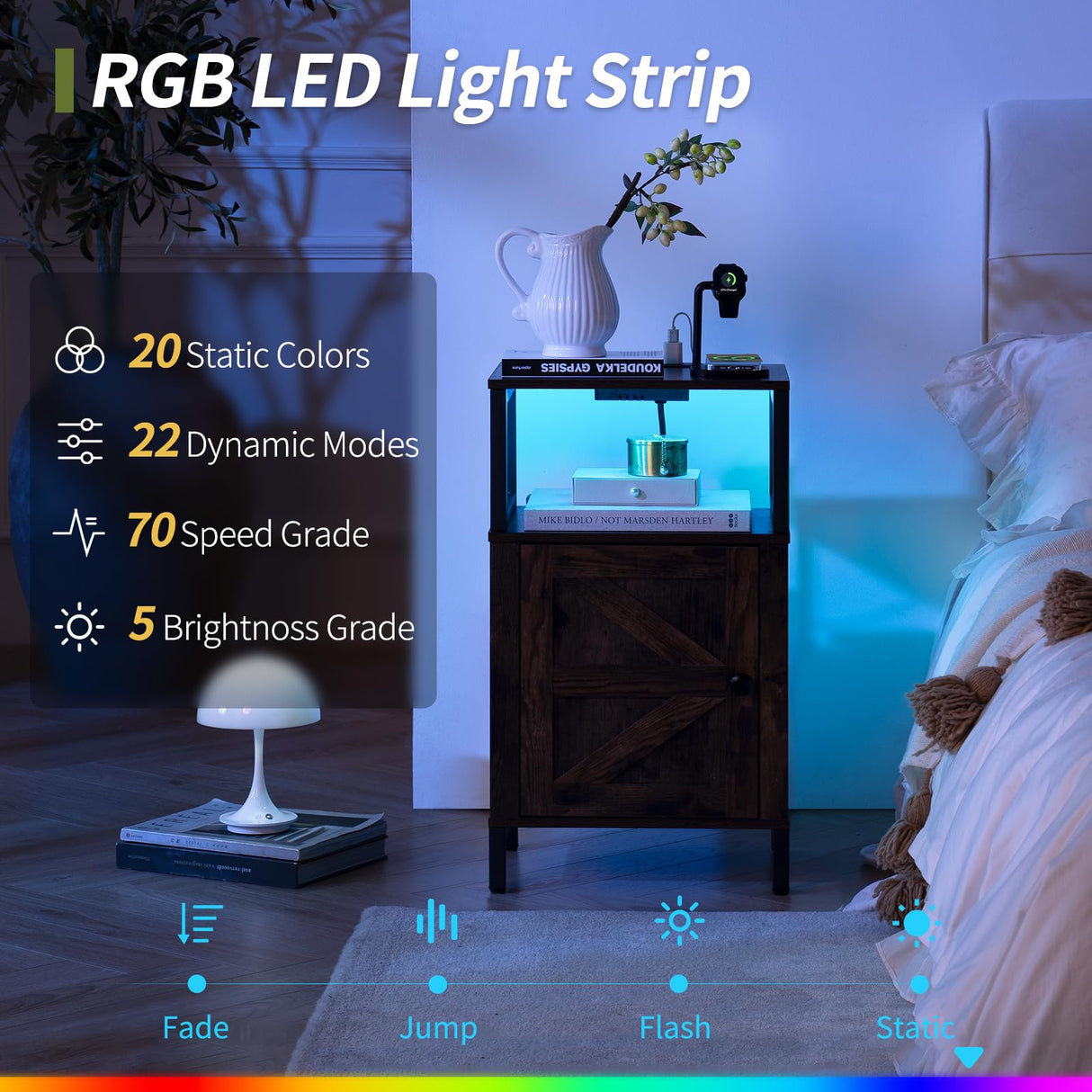 Yoobure Farmhouse Nightstand with Charging Station, Wood Night Stand End Table with USB Ports, LED Bed Side Table with Storage Cabinet, Bedside Table for Bedroom, Living Room Rustic Brown Yoobure