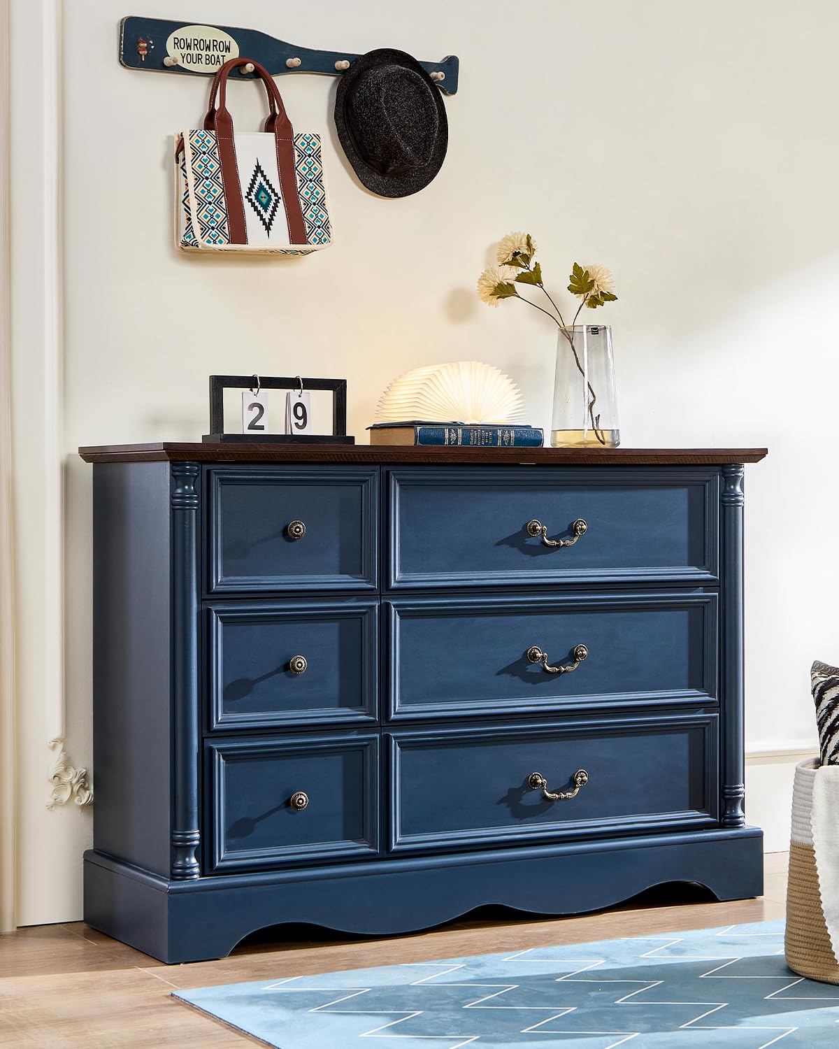 6 Drawers Dresser, Farmhouse Chest of Drawers with Charging Station, Refined Blue Finish Design, Modern Storage Dressers Organizer TV Stand for Bedroom, Living Room, Hallway, Indigo Blue LegacyAmerhome