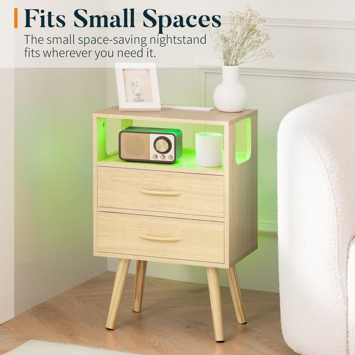 Yoobure LED Night Stand with Charger Station, Mid Century Modern Nightstand with Fabric Drawers, Bedside Table Nightstands with Storage Shelf, Bed Side Table Small Night Stands for Bedroom Living Room Yoobure