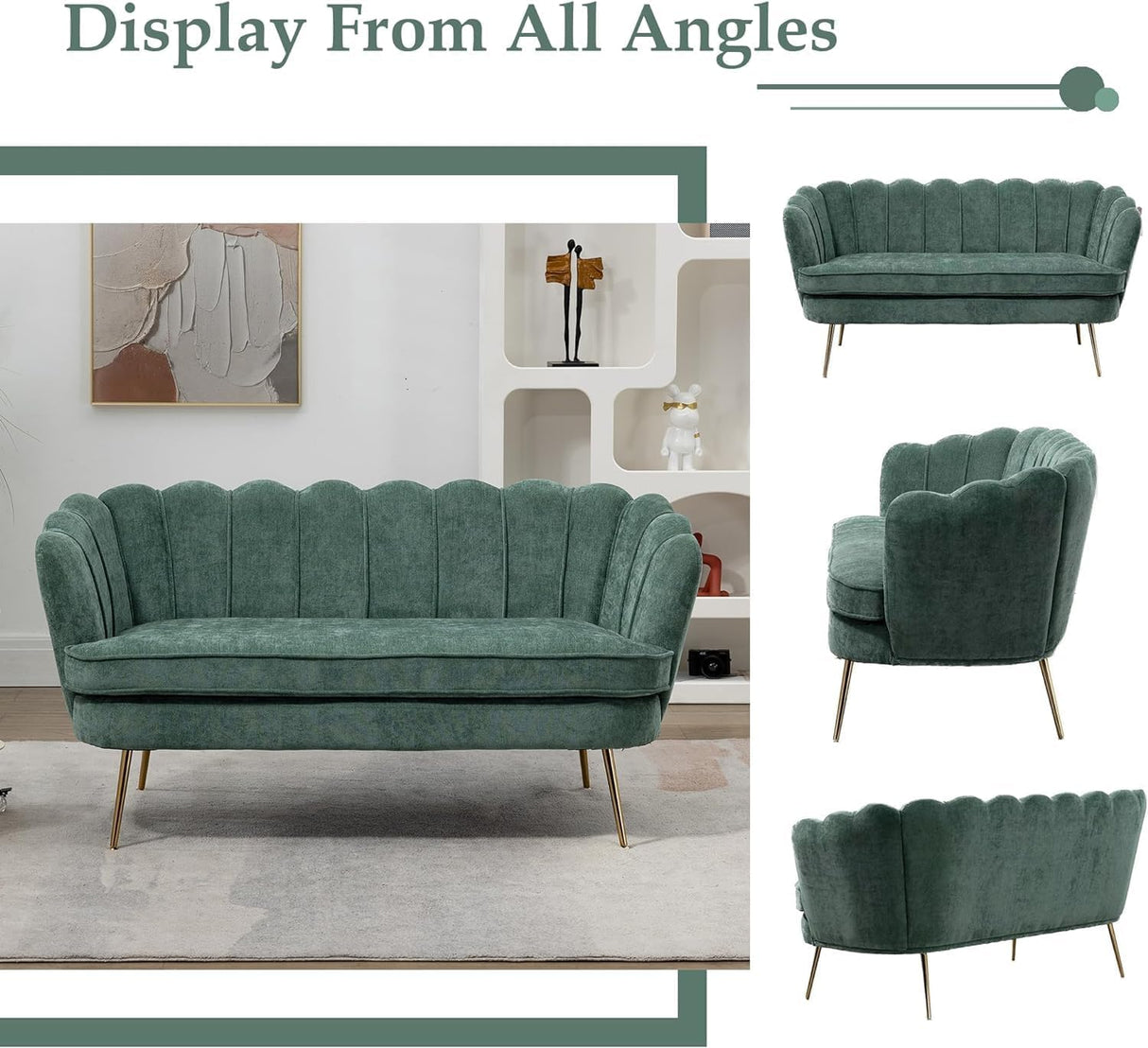 Anwick 59" Small Modern Chenille Loveseat Sofa, 2-Seater Sofa with Gold Metal Legs, Small Couch with Flower Shaped Back for Living Room Bedroom Office(Green) Anwick