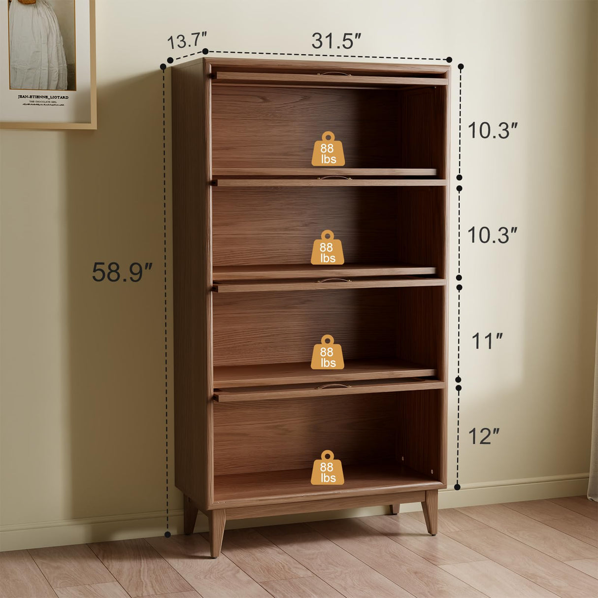 Solid Wood Bookcase 4 Tier With Tempered Glass Doors 60 Inch, Kitchen Pantry Display Cabinet, Brown Finish Cube Storage Organizer, Bookshelf Versatile Storage With For Home Office(No Light Strip) AQIMUELE