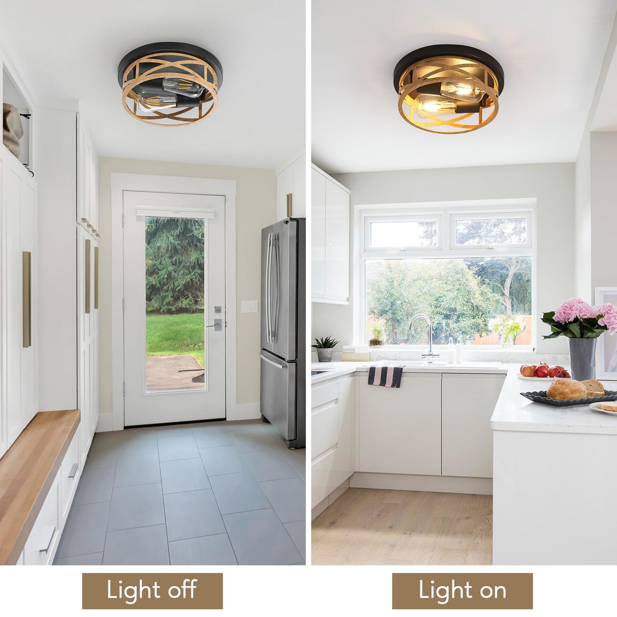 2 Pack Close to Ceiling Light Fixtures, 2-Light Indoor House Flush Mount Ceiling Light, 11 Inch Metal Cage Cross Wood Finish Farmhouse Ceiling Lights for Kitchen Hallway Bedroom DOXVIEZE