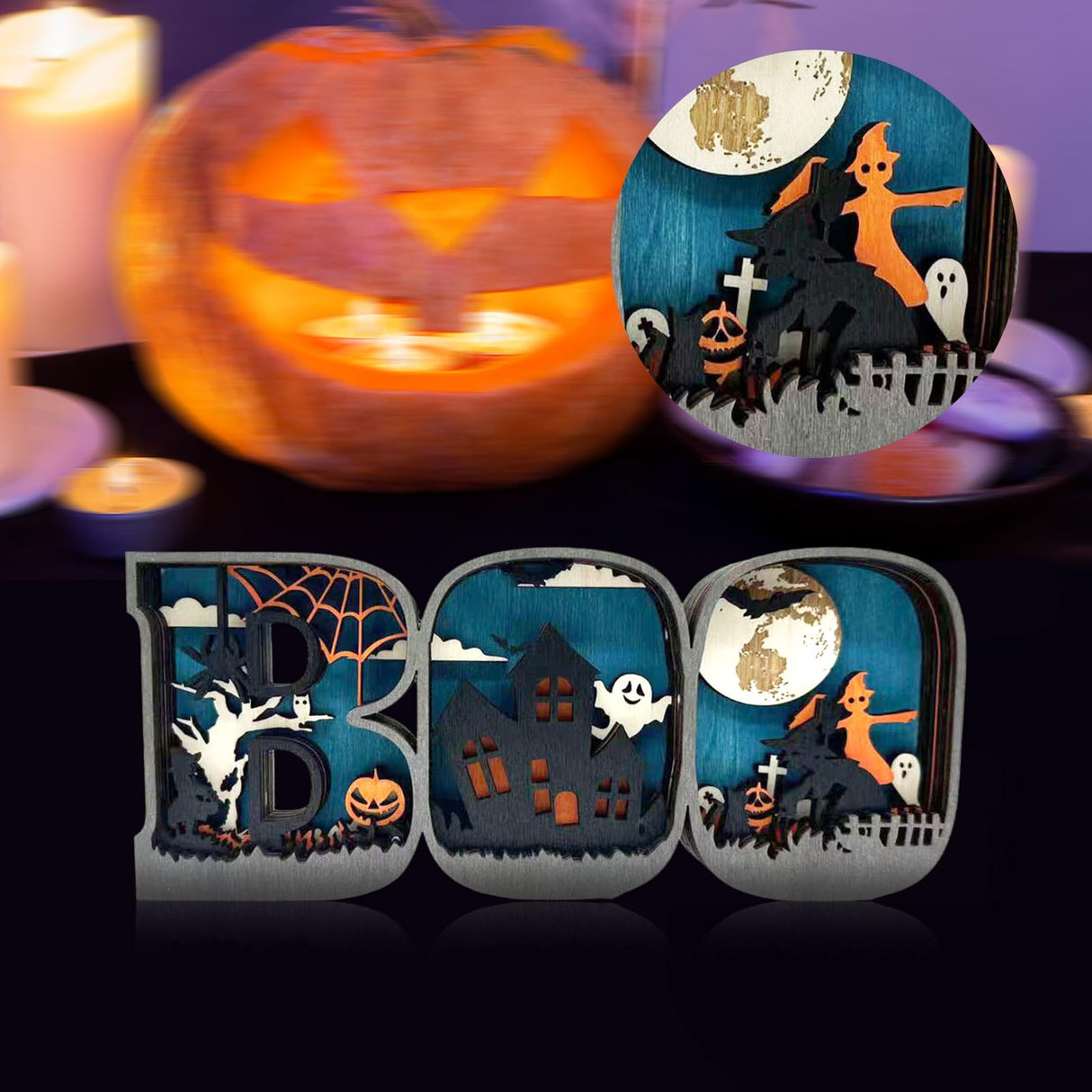 Drawelry 3D Wood Carving Lamp Home Decorative, Boo Pumpkin Lantern Jack-O-Lantern Halloween Living Room Office Decor, Christmas Warm LED Night Lights Gift for Family (Boo) Drawelry