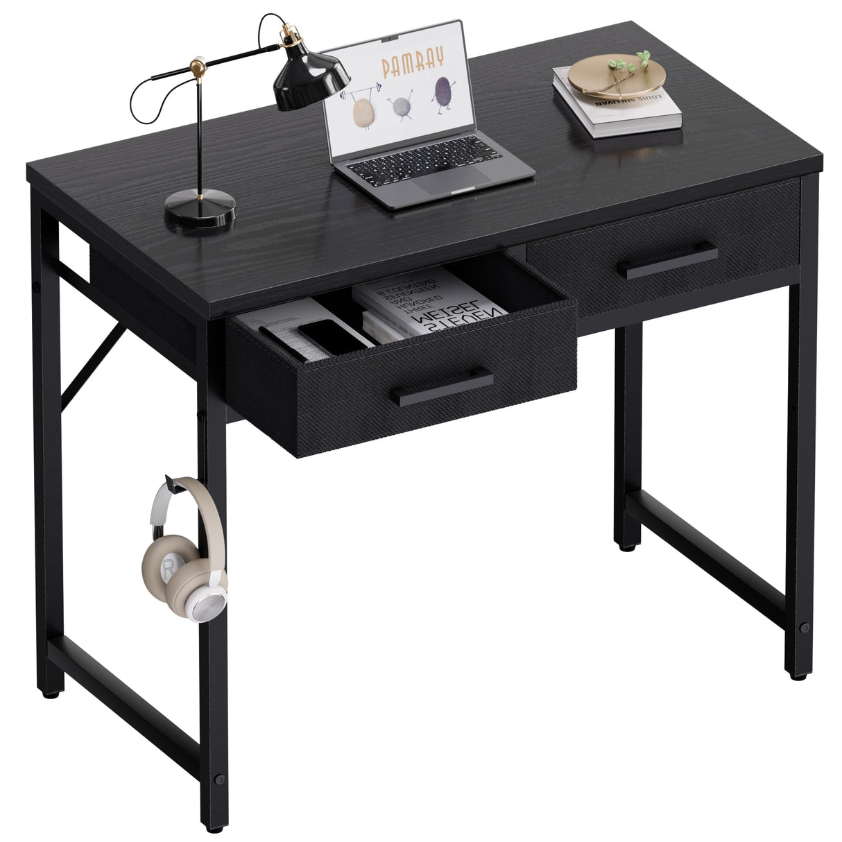 Pamray 32 Inch Small Computer Desk with 2 Drawers for Bedroom Study Writing Home Office Table for Small Spaces Black Pamray